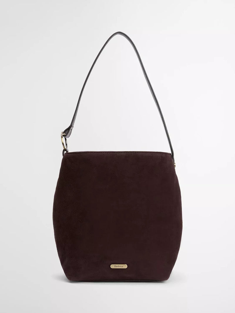Barbour suede bucket bag with tartan trim, imported from the UK