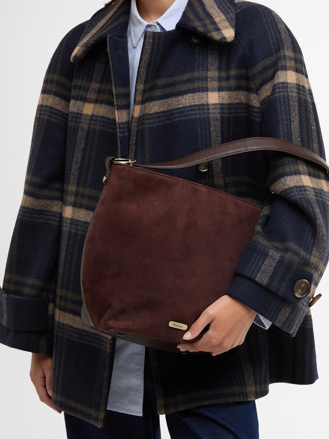 Barbour suede bucket bag with tartan trim, imported from the UK