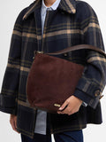 Barbour suede bucket bag with tartan trim, imported from the UK