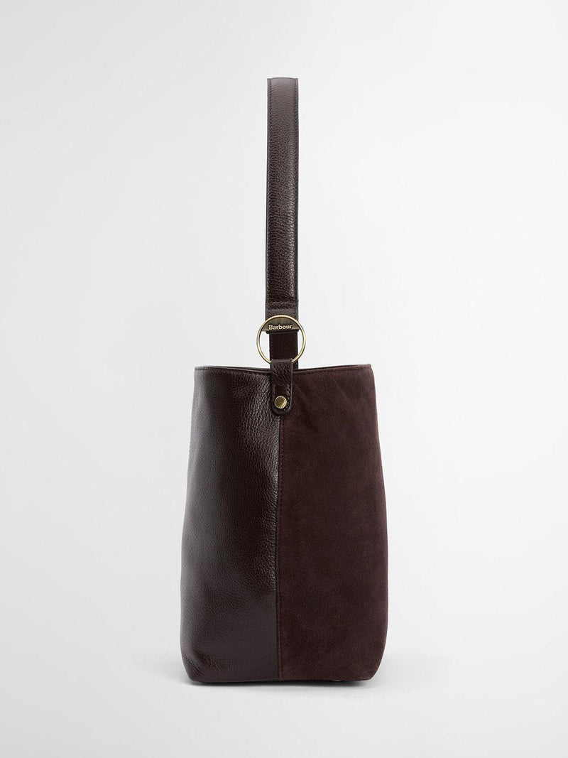 Barbour suede bucket bag with tartan trim, imported from the UK