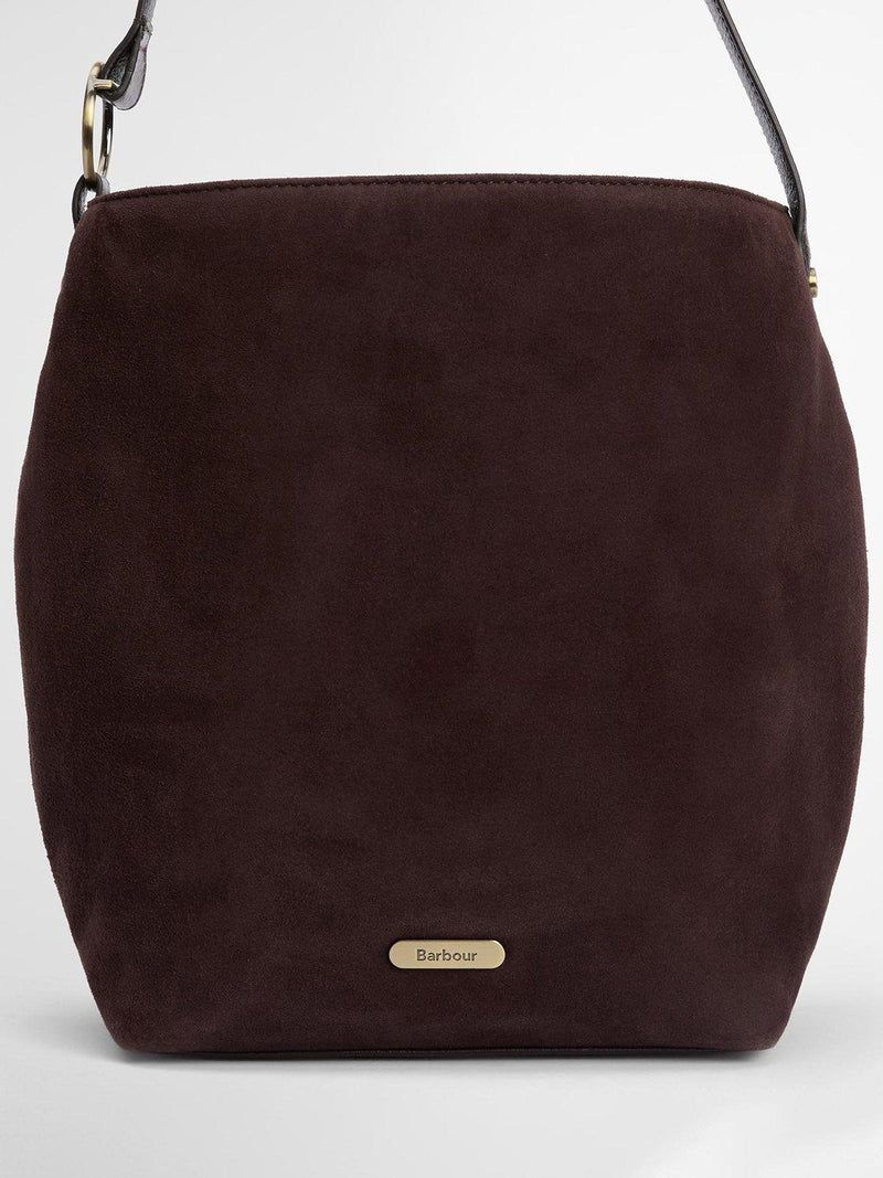 Barbour suede bucket bag with tartan trim, imported from the UK