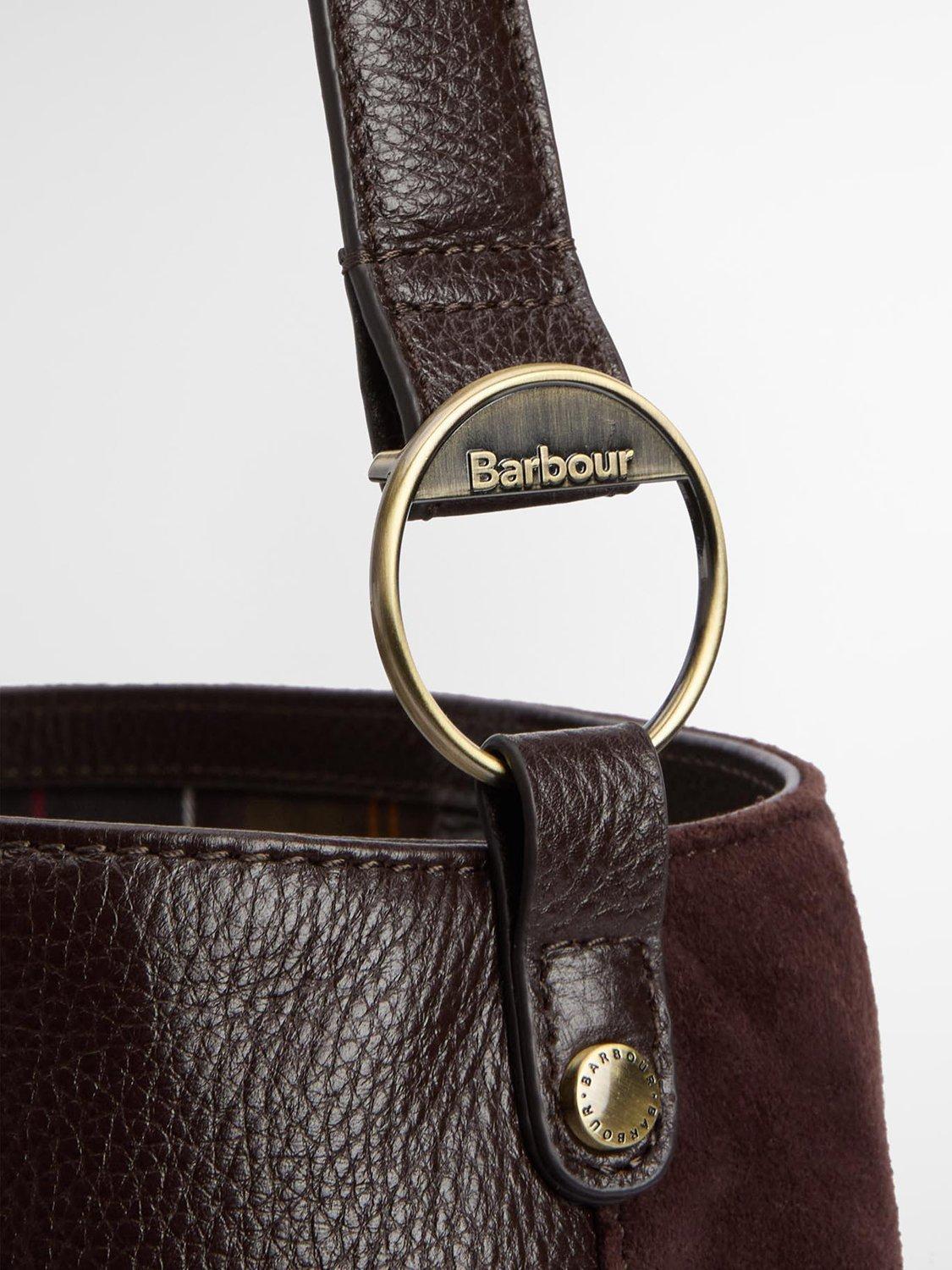 Barbour suede bucket bag with tartan trim, imported from the UK