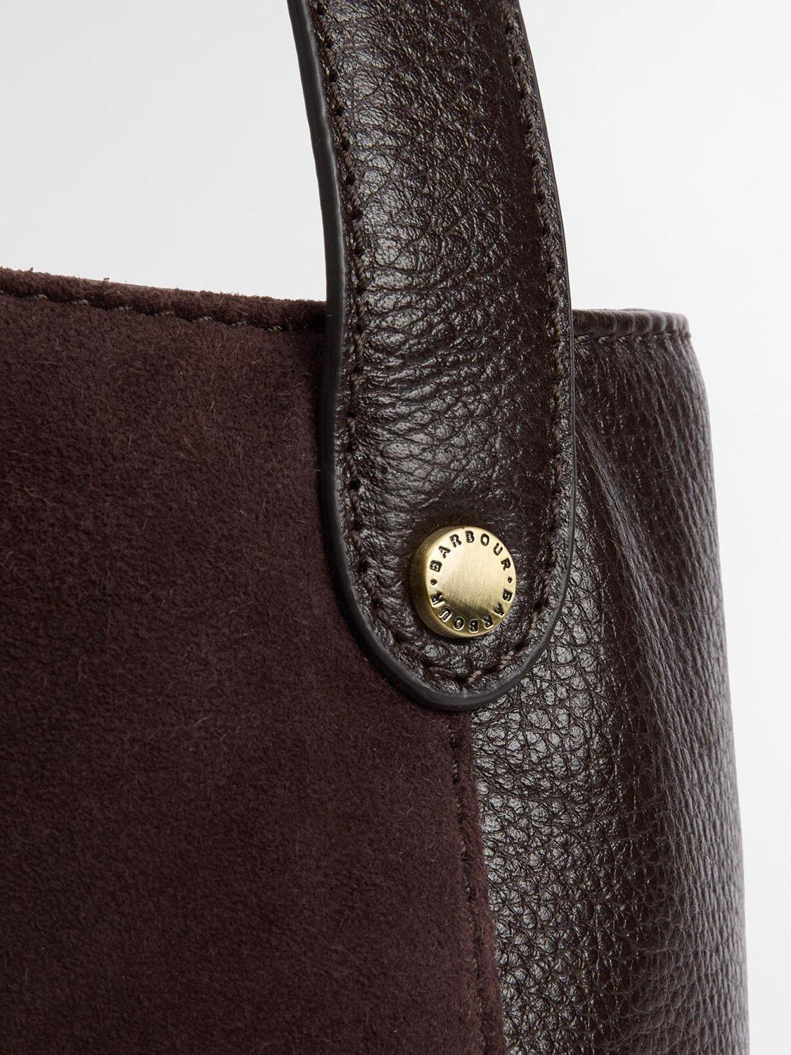 Barbour suede bucket bag with tartan trim, imported from the UK