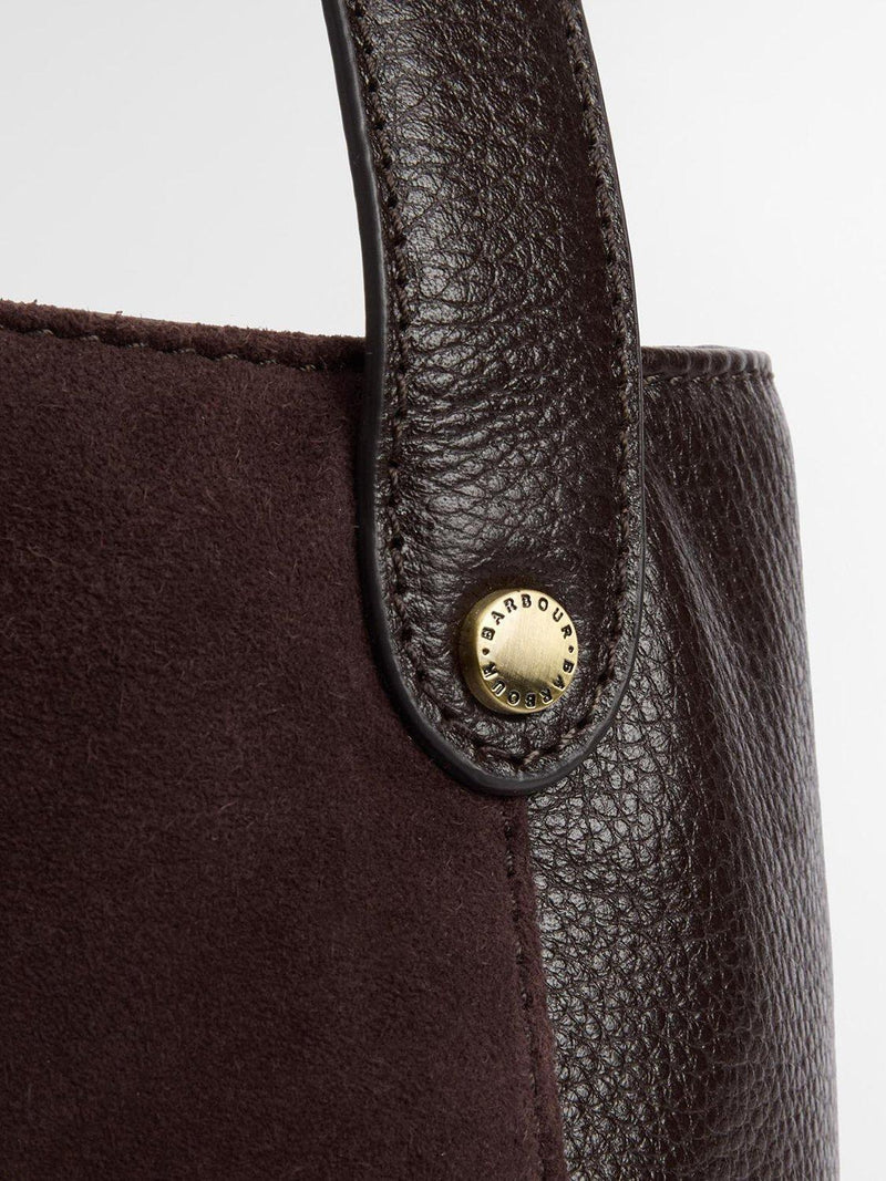Barbour suede bucket bag with tartan trim, imported from the UK
