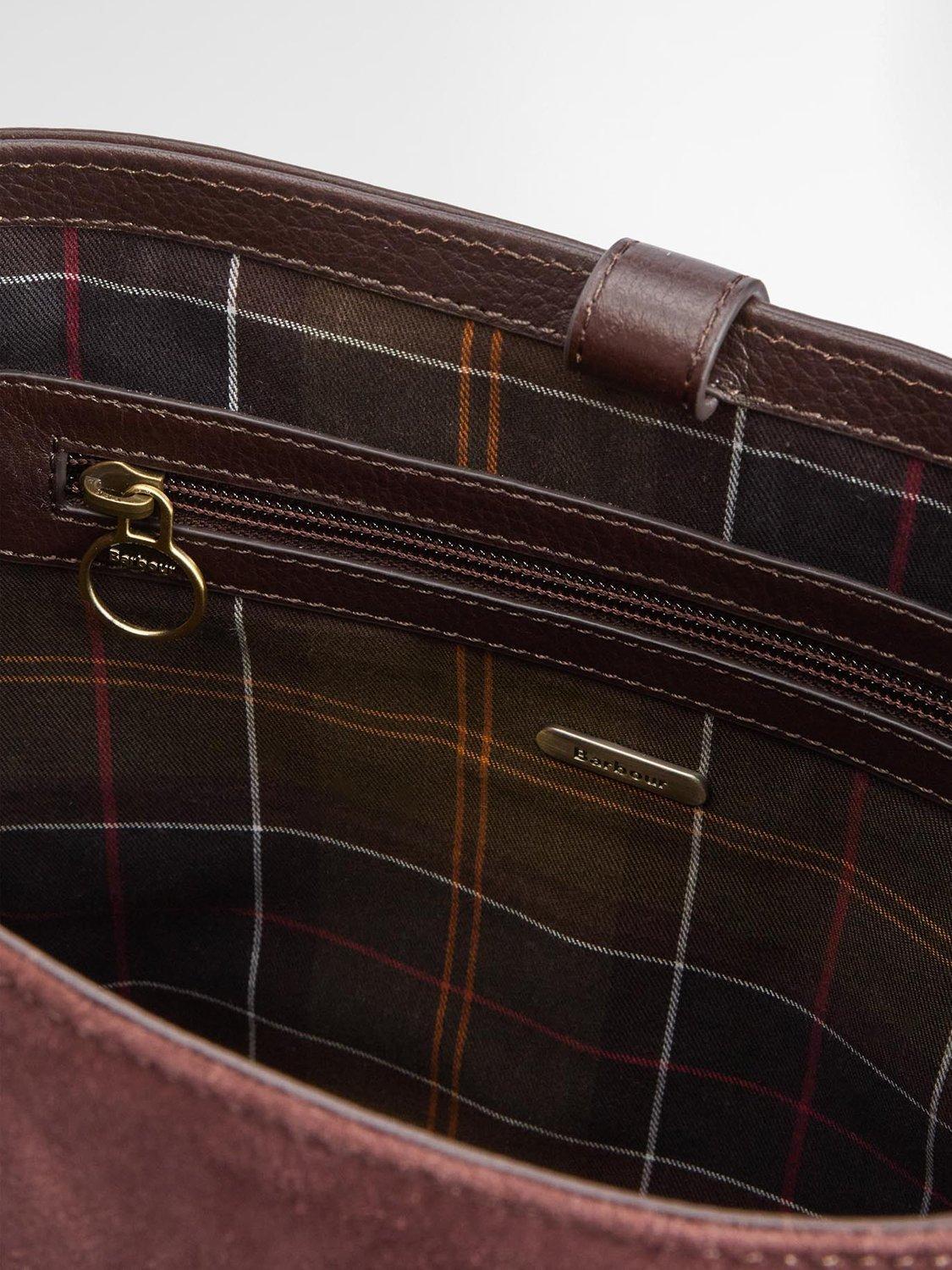 Barbour suede bucket bag with tartan trim, imported from the UK