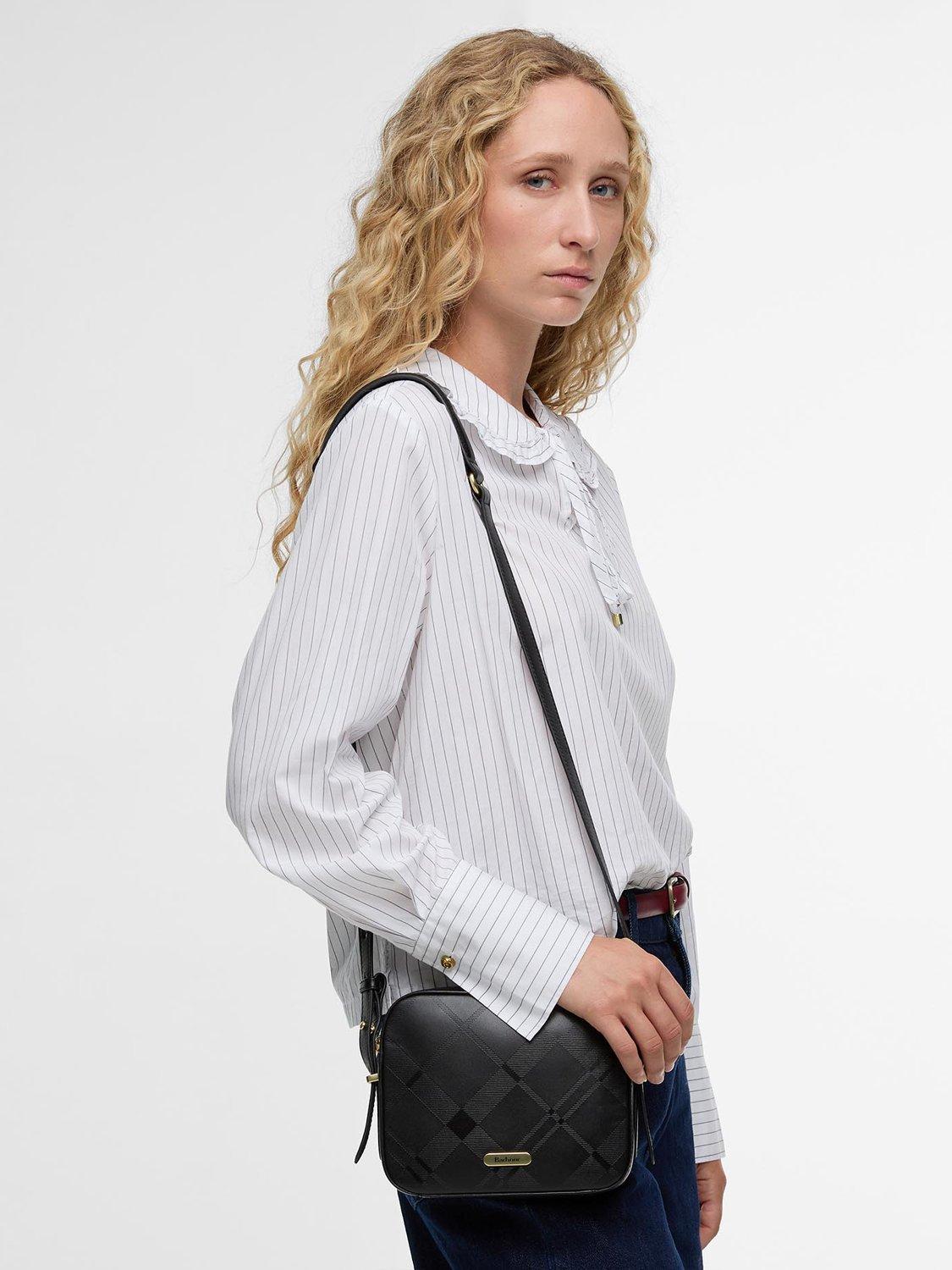 Barbour Daphne leather crossbody bag black deboss tartan (British brand)
