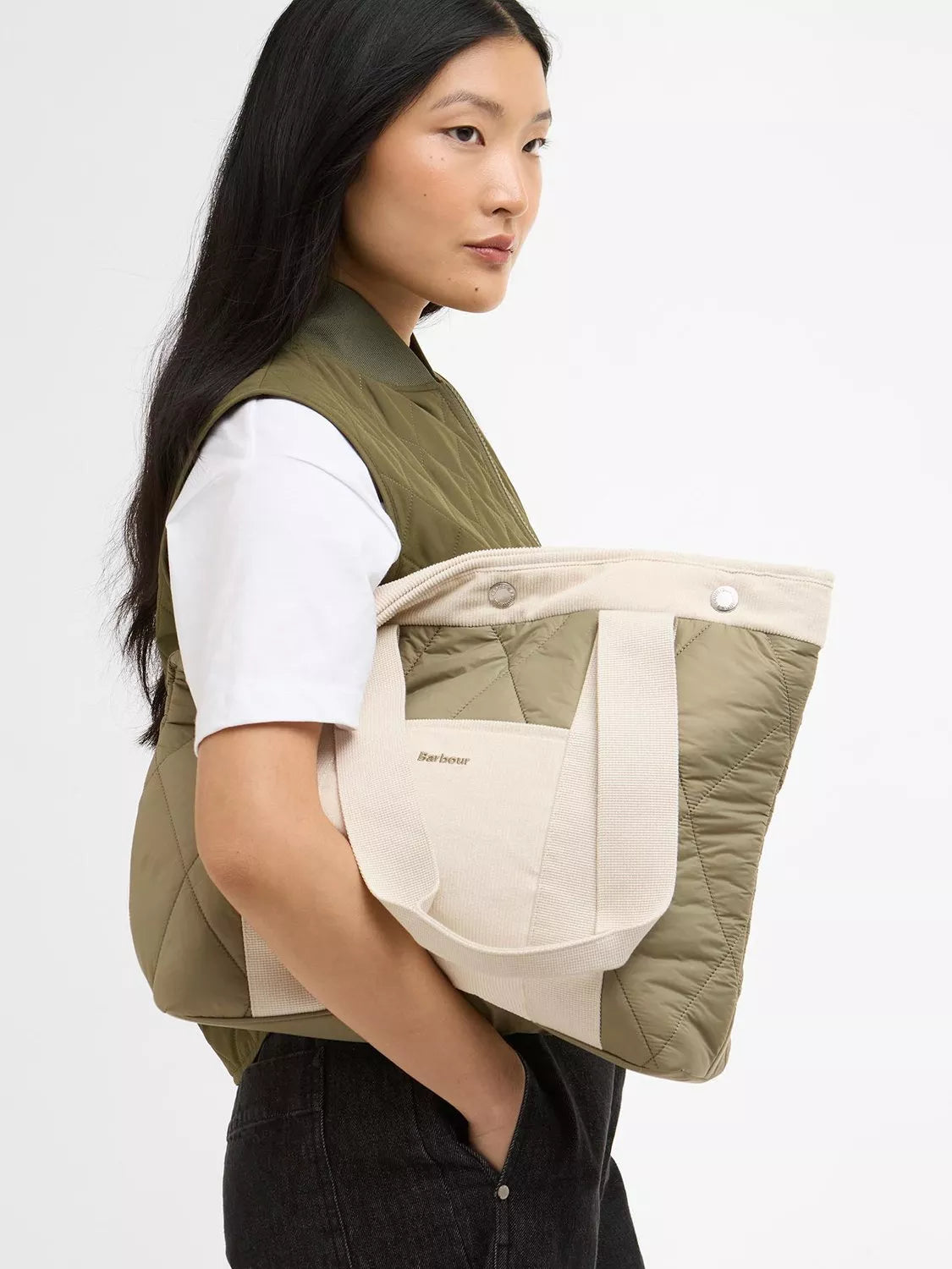 Barbour Healy quilted tote bag Bleached Olive (British brand)