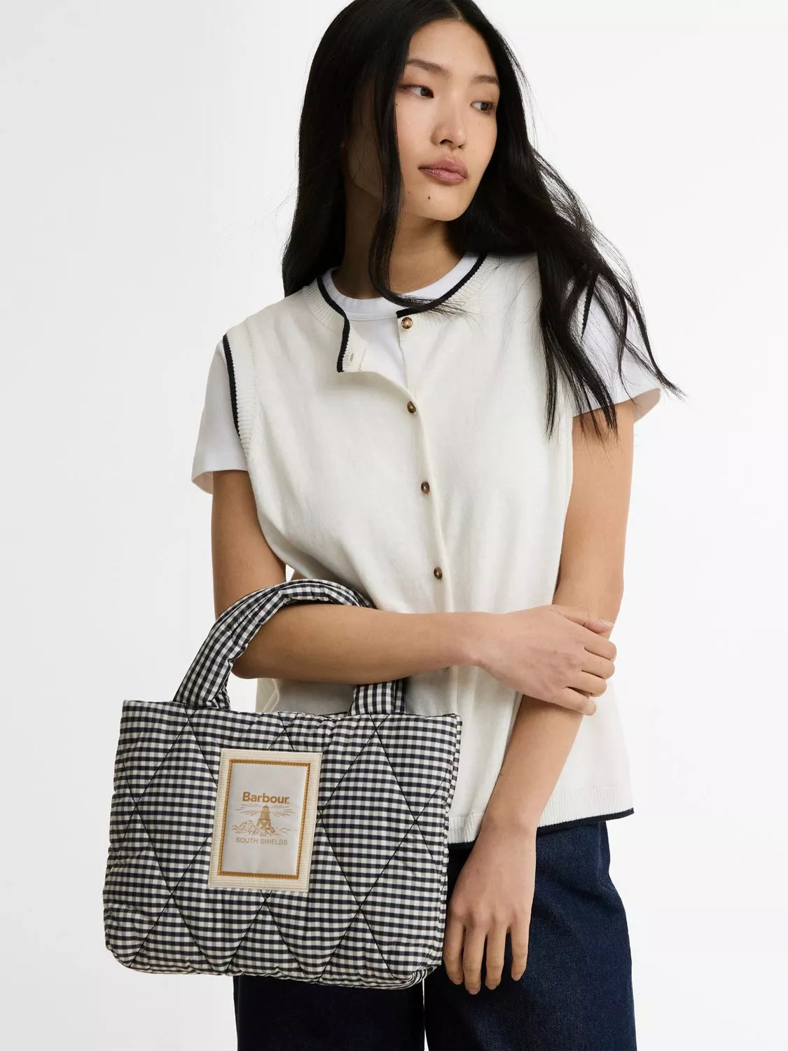 Barbour gingham quilted mini tote bag Navy White - British product