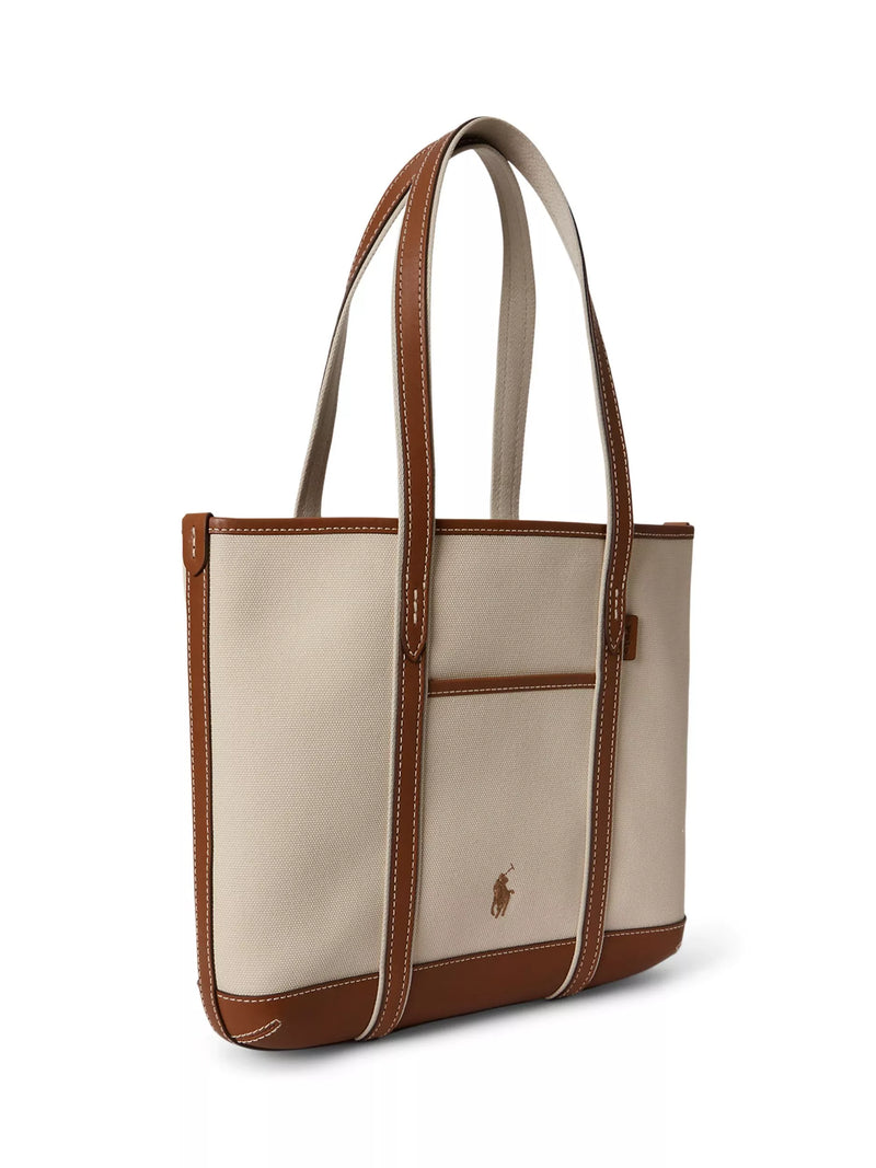 Ralph Lauren cotton canvas small shopper tote bag ecru cuoio - British product