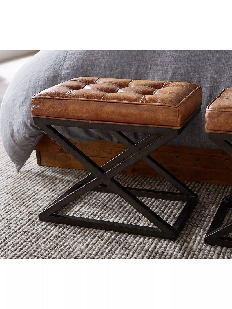 Pottery Barn Kirkham tufted leather stool light brown, imported from the UK