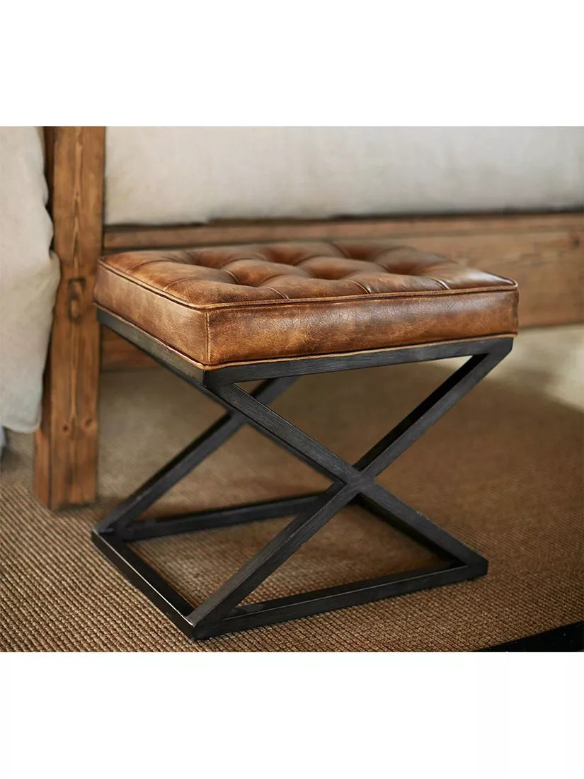 Pottery Barn Kirkham tufted leather stool light brown, imported from the UK