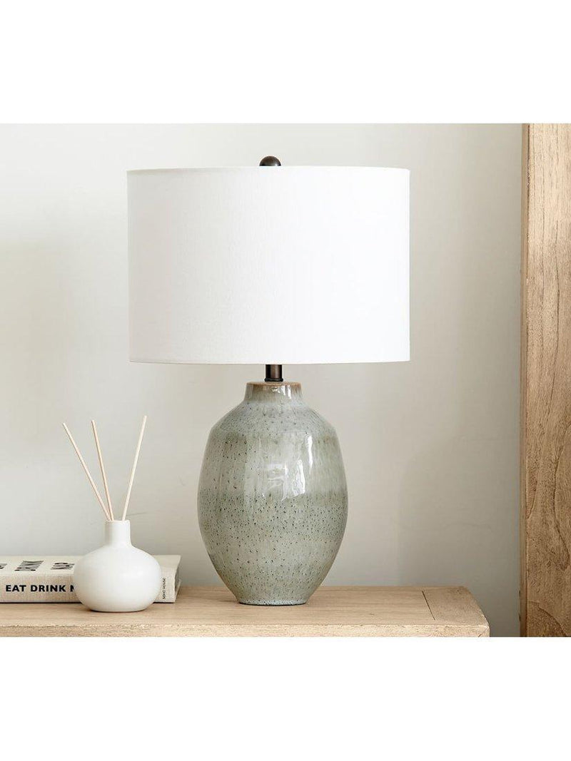 Pottery Barn Ezra small ceramic table lamp in teal, UK version