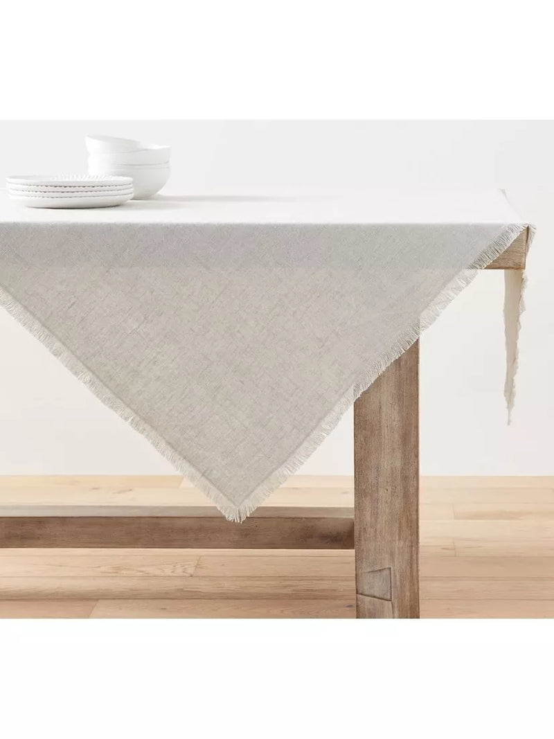 Pottery Barn frayed linen tablecloth light flax 127cm, imported from the UK