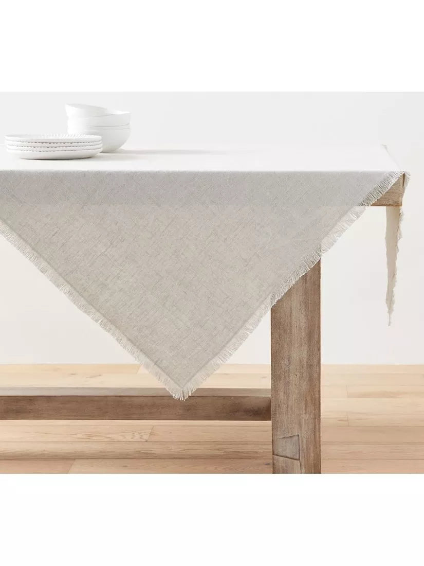 Pottery Barn frayed linen tablecloth light flax 127cm, imported from the UK