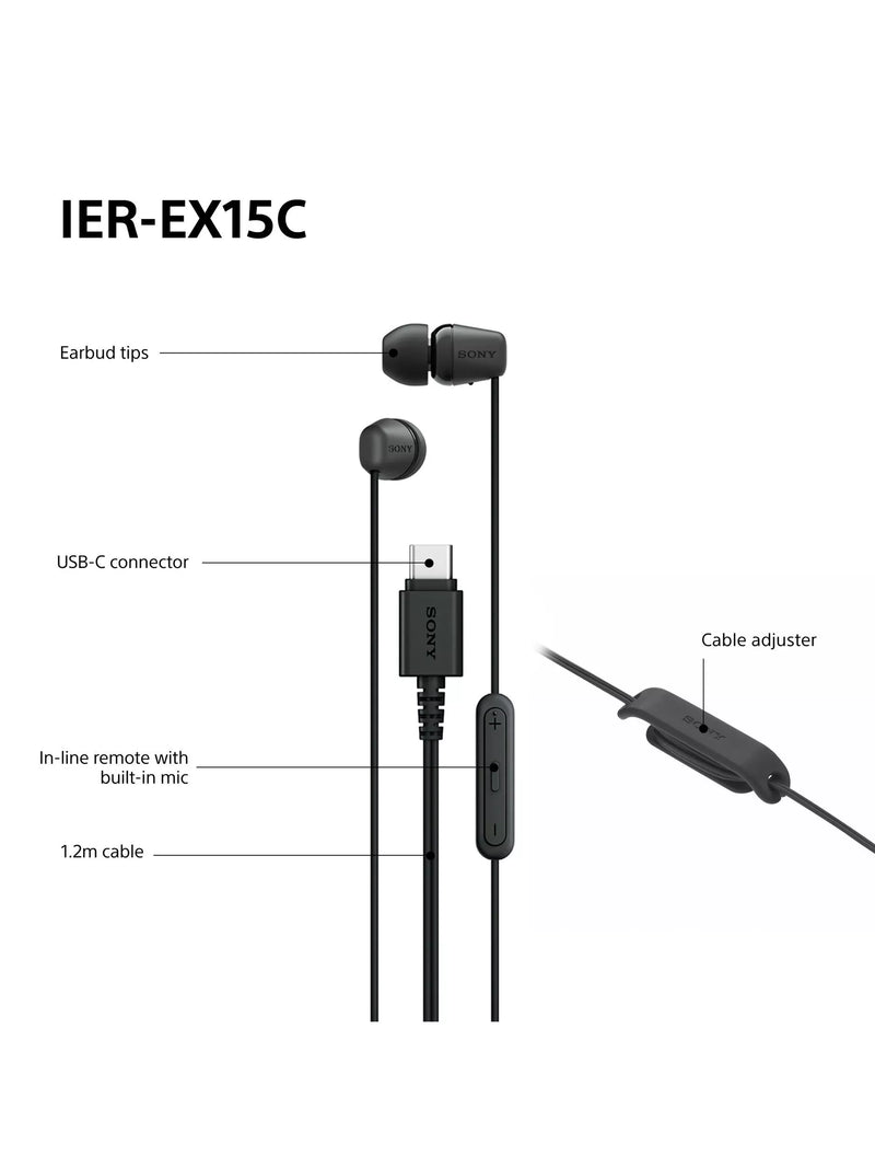 Sony IER-EX15C USB-C earbuds black lightweight, imported from the UK