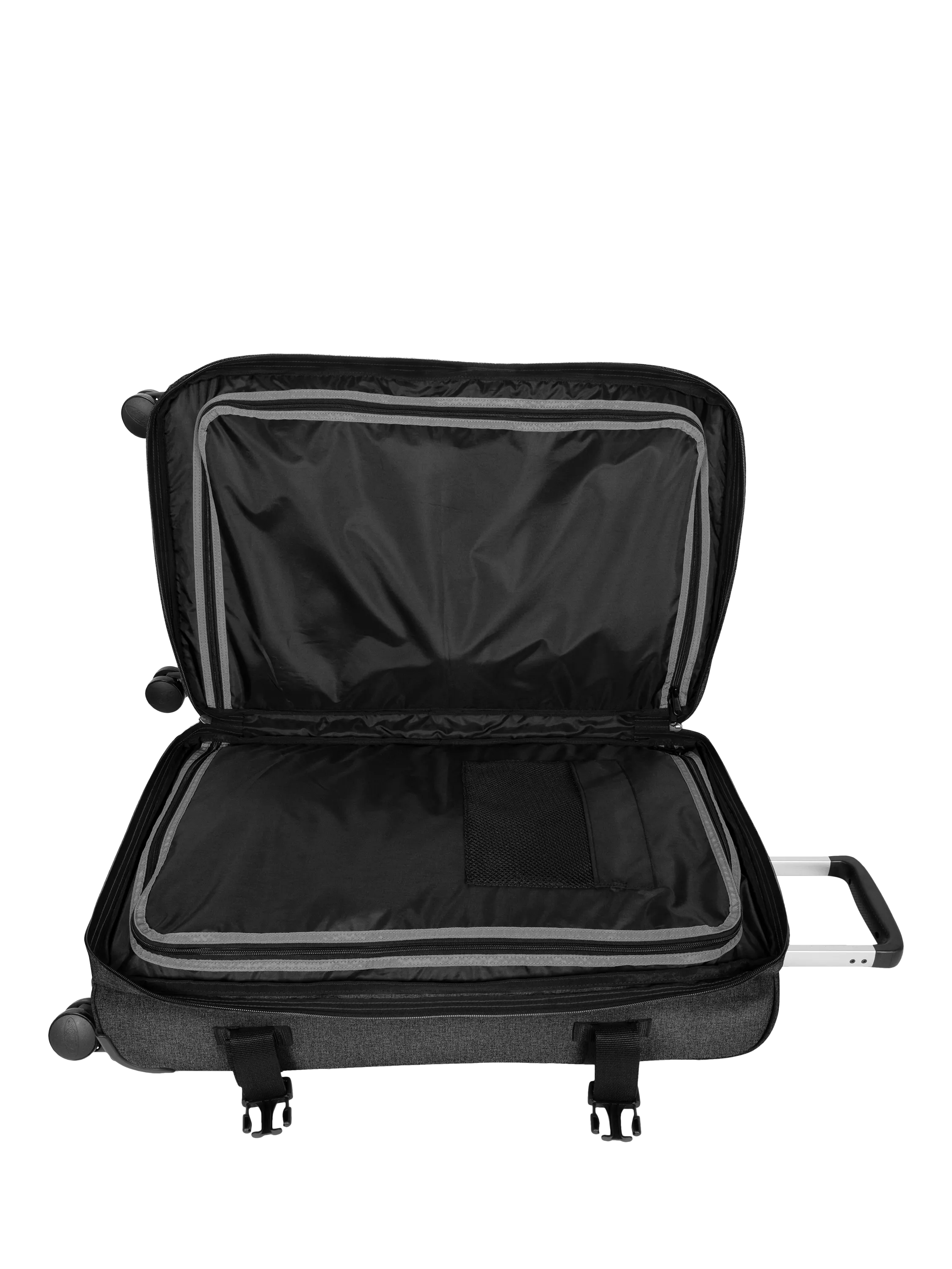 Eastpak Transit'r large 4-wheel suitcase in black denim, UK version