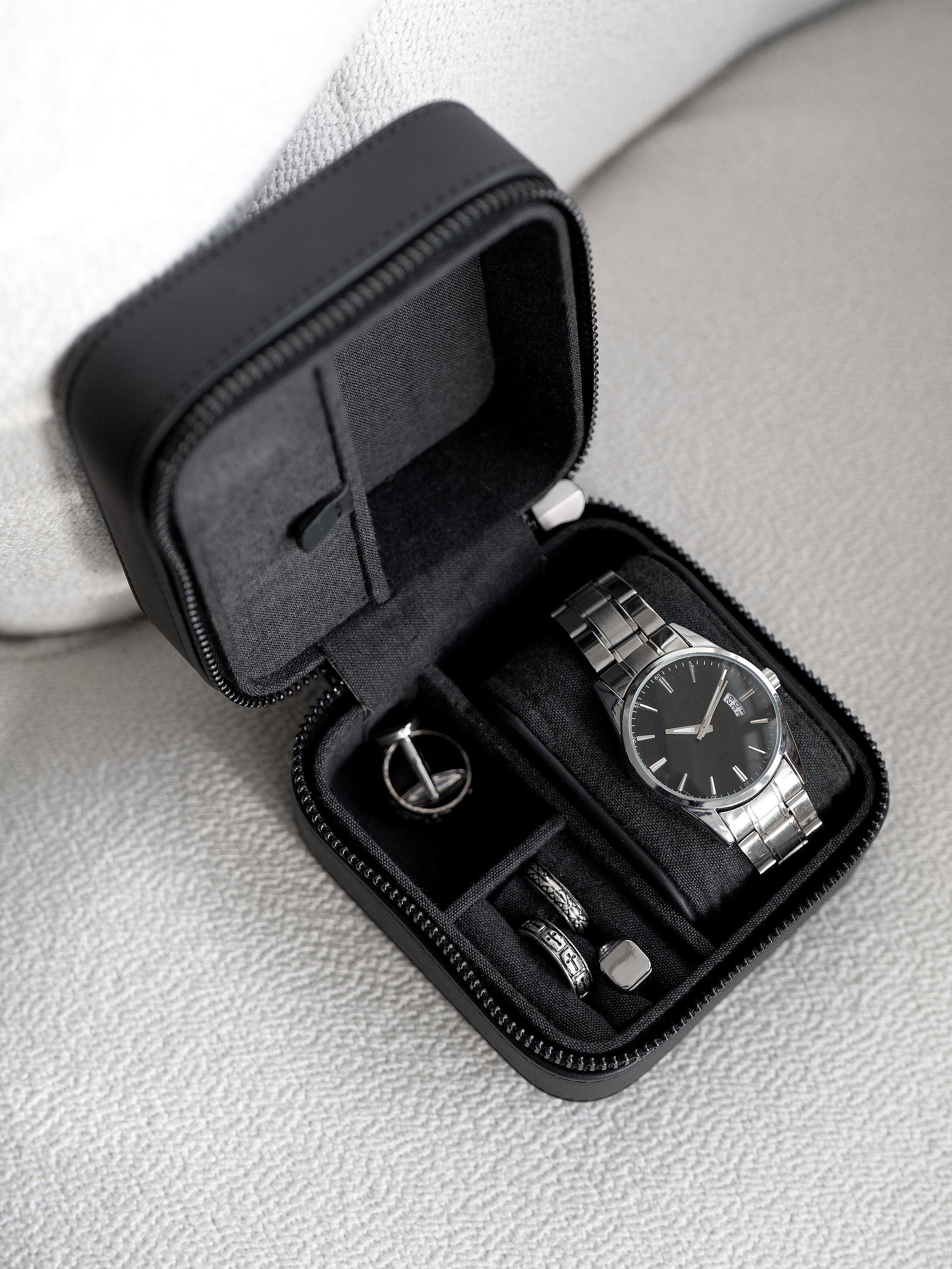 Stackers fluted watch and jewellery box black faux leather, UK version