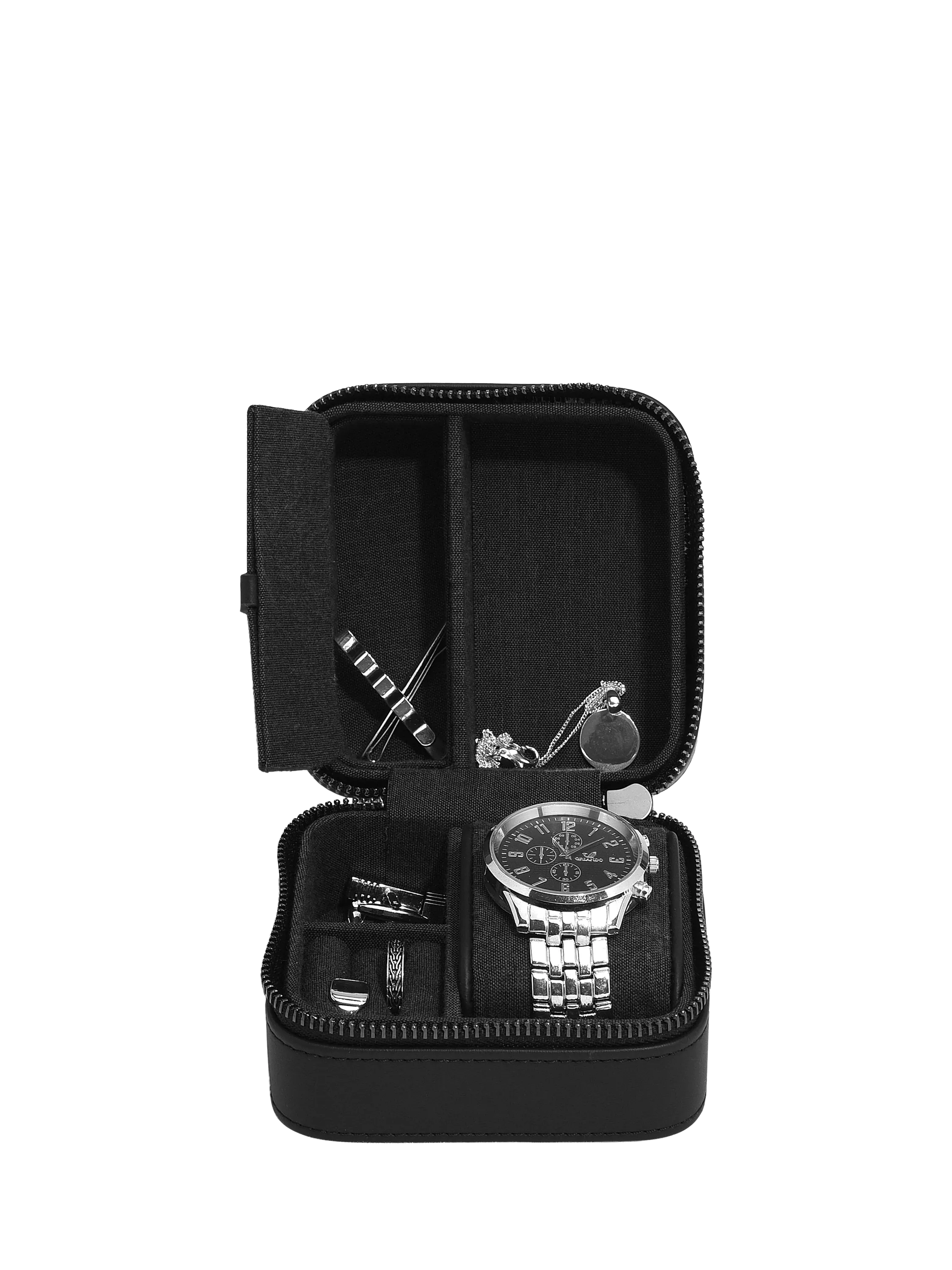 Stackers fluted watch and jewellery box black faux leather, UK version