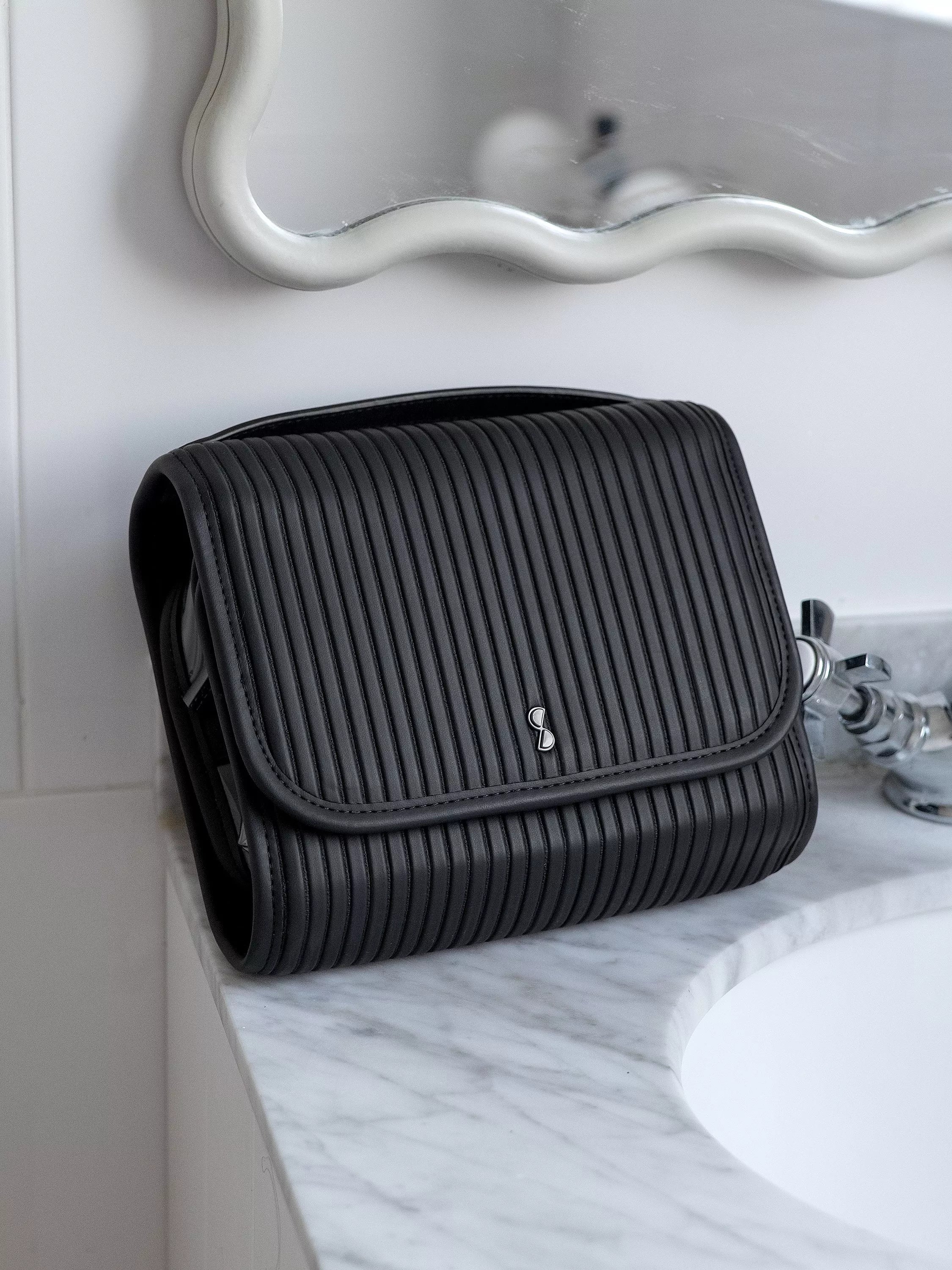 Stackers travel wash bag black fluted faux leather imported from the UK
