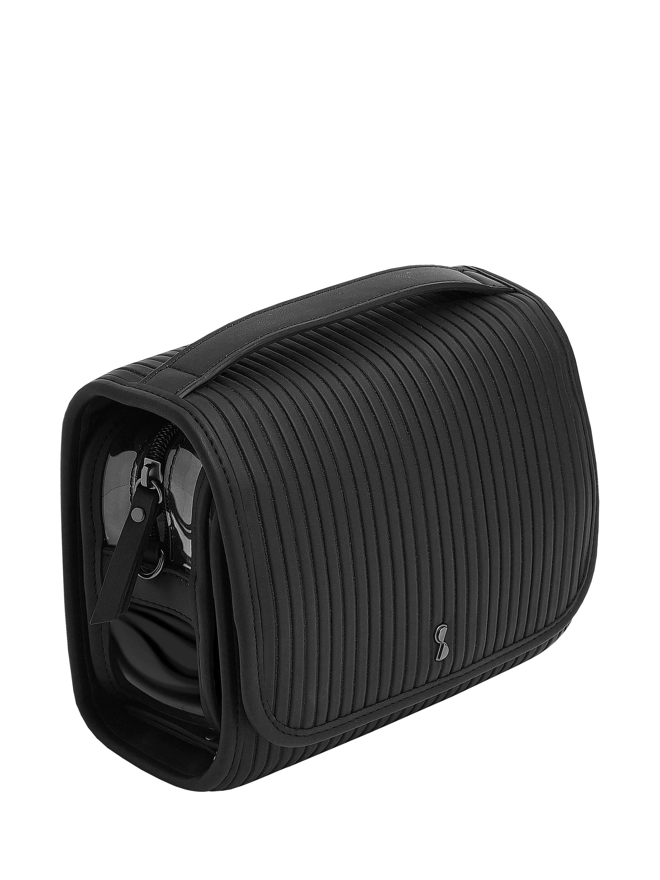 Stackers travel wash bag black fluted faux leather imported from the UK