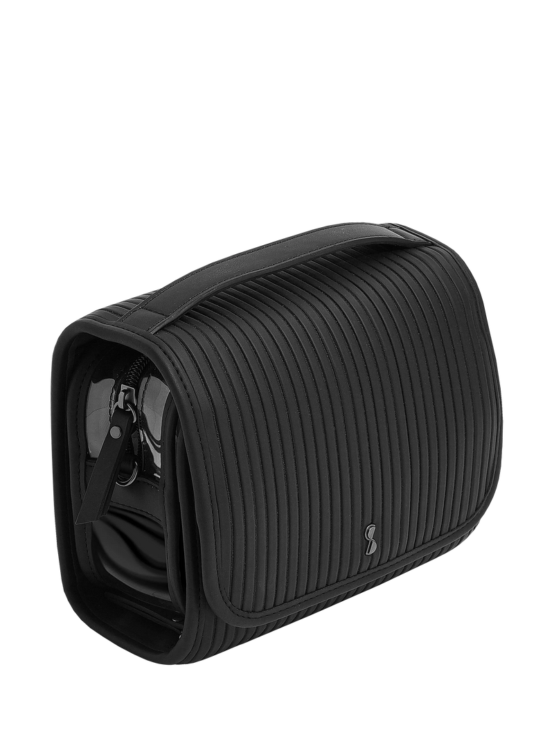 Stackers travel wash bag black fluted faux leather imported from the UK