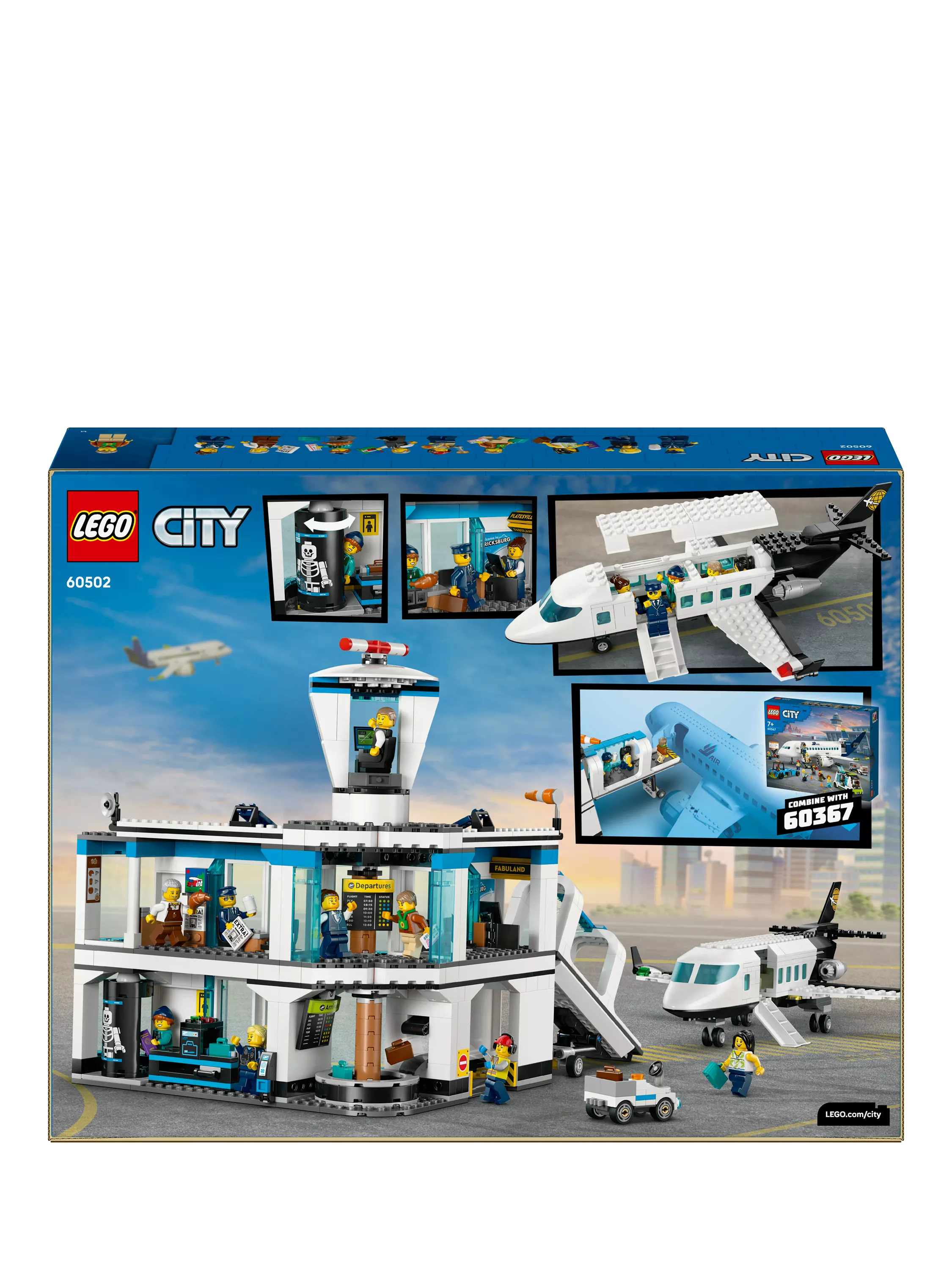 LEGO City airport building toy with airplane and minifigures, UK version