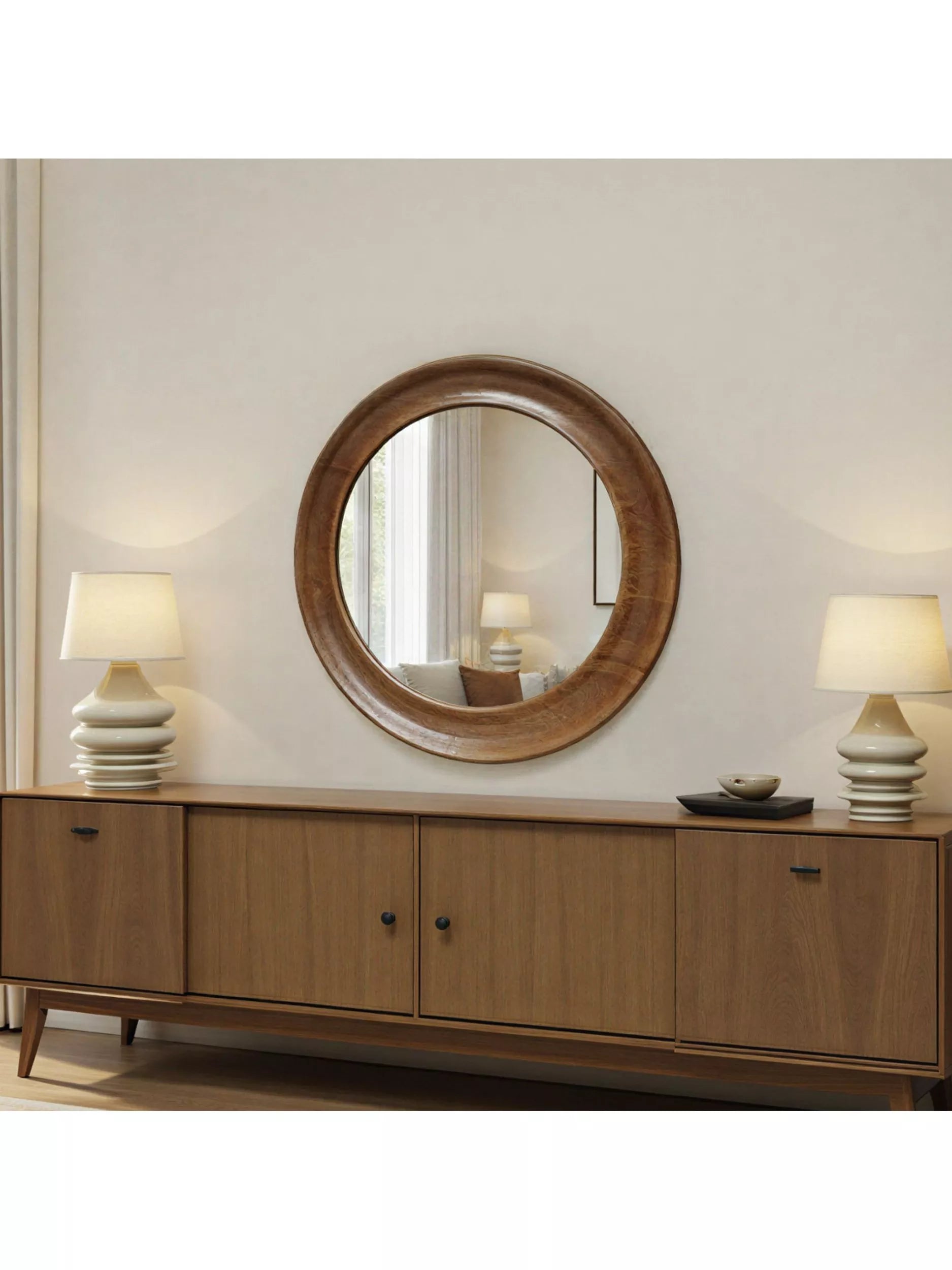 Yearn round oak wall mirror walnut finish 80cm, imported from the UK