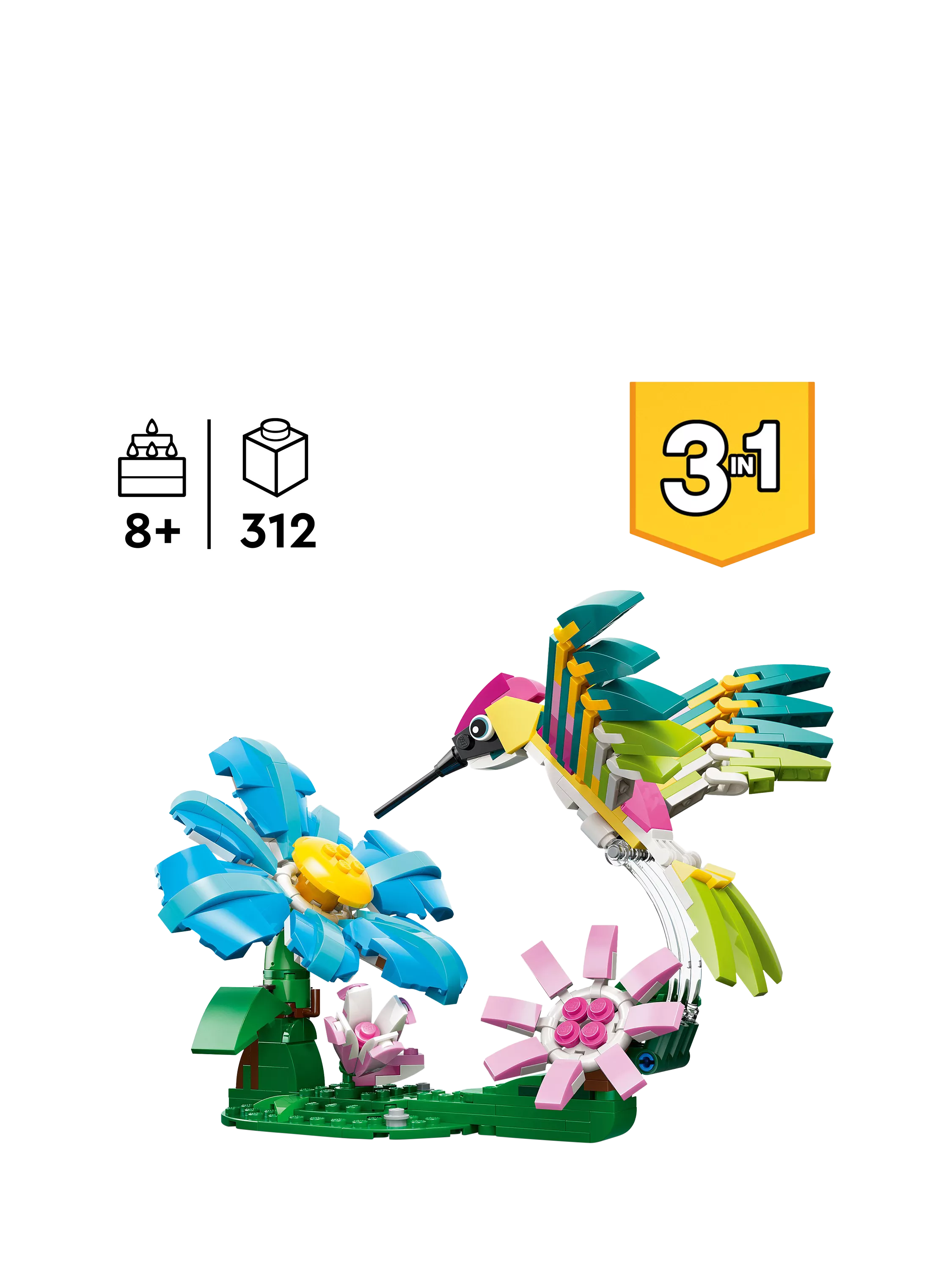 LEGO Creator 3-in-1 hummingbird building toy 312-piece set, imported from the UK