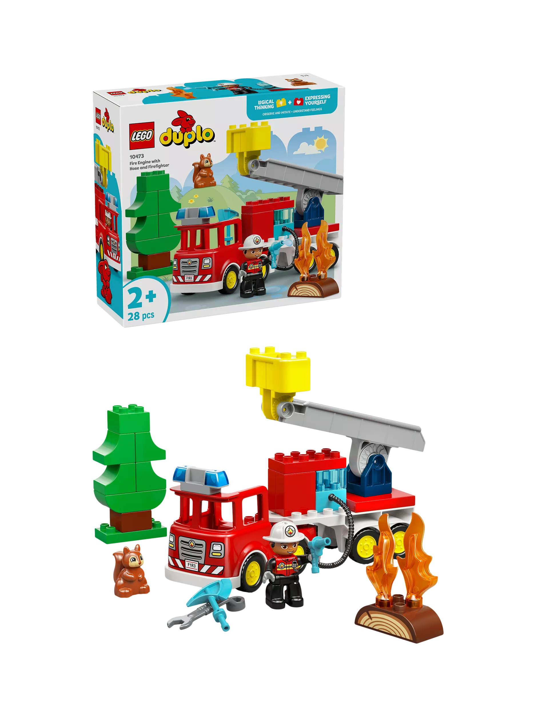 LEGO DUPLO fire engine toy with hose and firefighter figure (British brand)