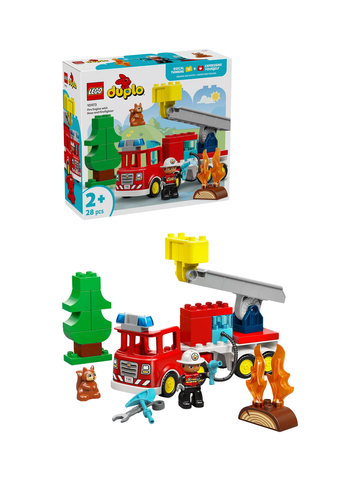LEGO DUPLO fire engine toy with hose and firefighter figure (British brand)