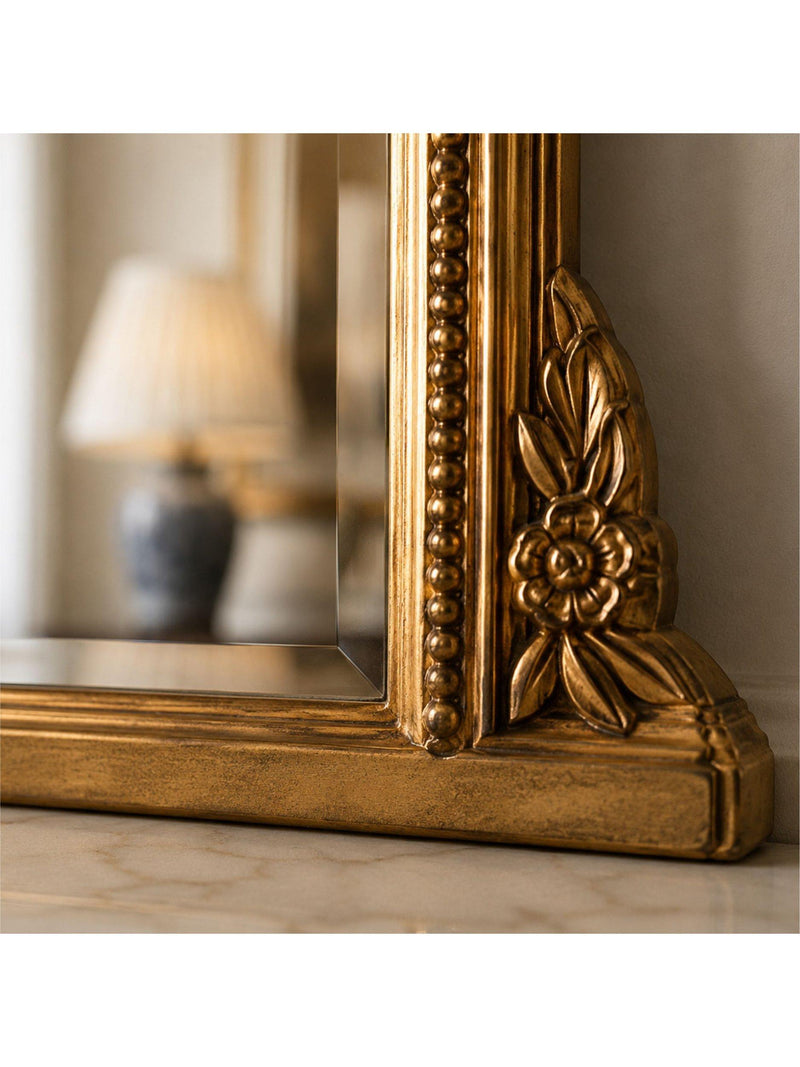 Yearn arched overmantel mirror beaded gilt 66 x 102cm, imported from the UK