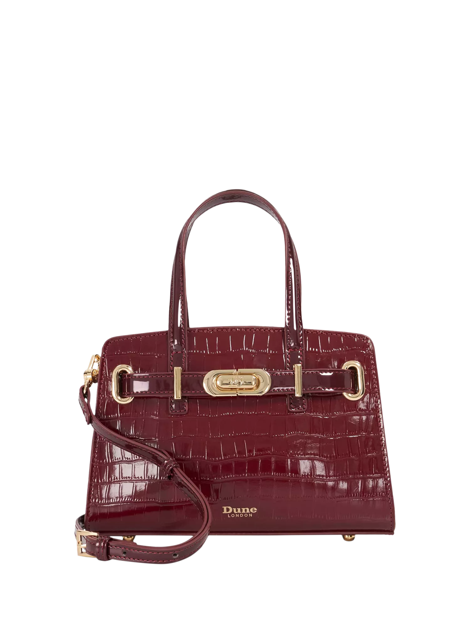 Dune London burgundy leather grab bag with belted detail, imported from the UK