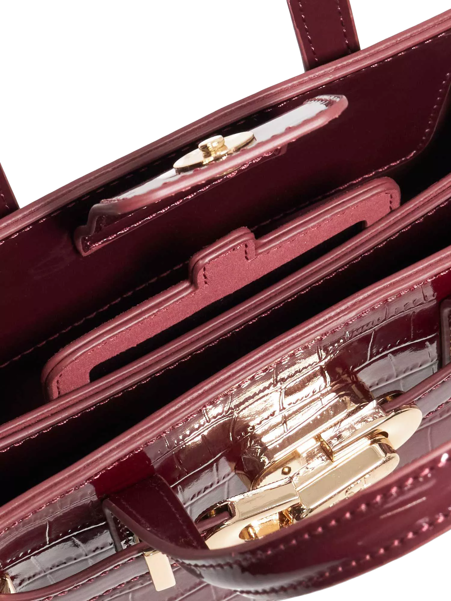 Dune London burgundy leather grab bag with belted detail, imported from the UK
