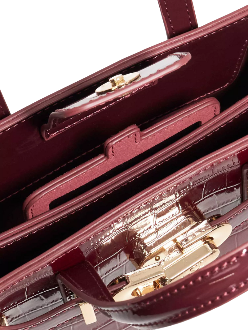 Dune London burgundy leather grab bag with belted detail, imported from the UK
