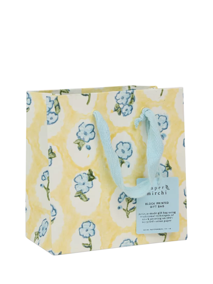 Paper Mirchi floral block print gift bag in multi yellow, imported from the UK