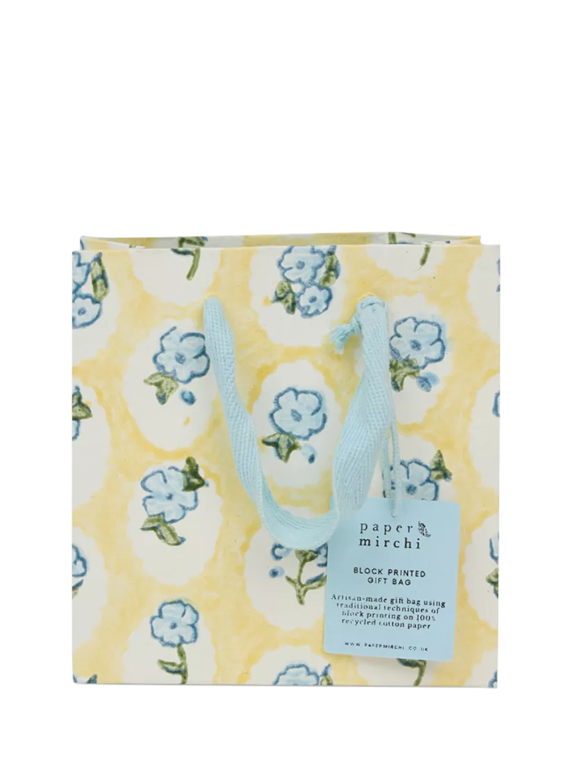 Paper Mirchi floral block print gift bag in multi yellow, imported from the UK