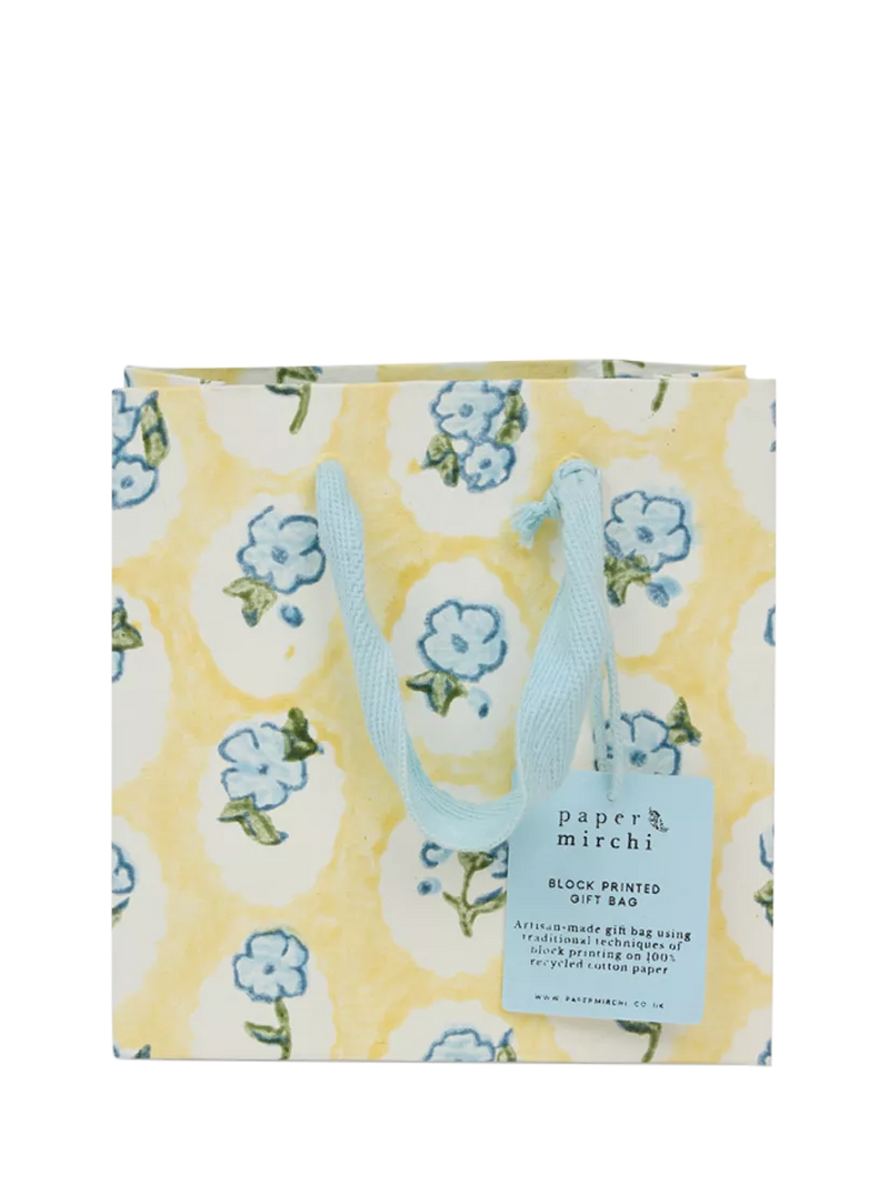 Paper Mirchi floral block print gift bag in multi yellow, imported from the UK