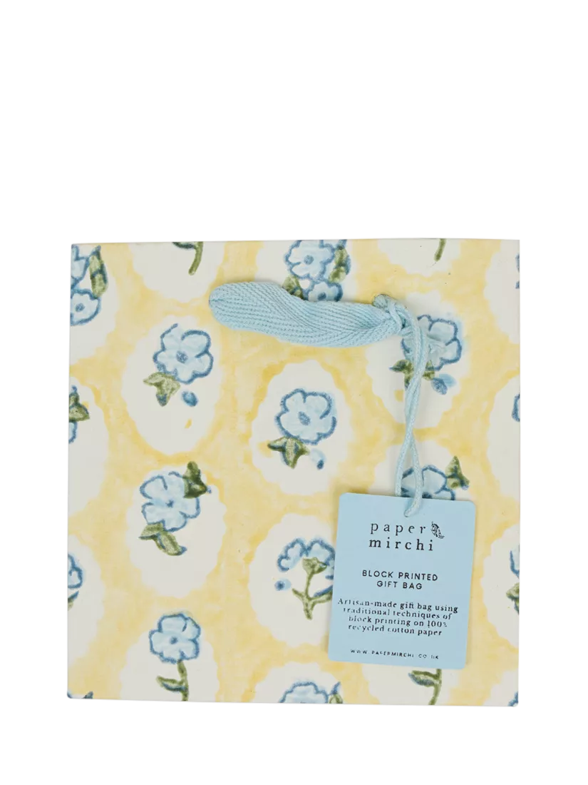 Paper Mirchi floral block print gift bag in multi yellow, imported from the UK