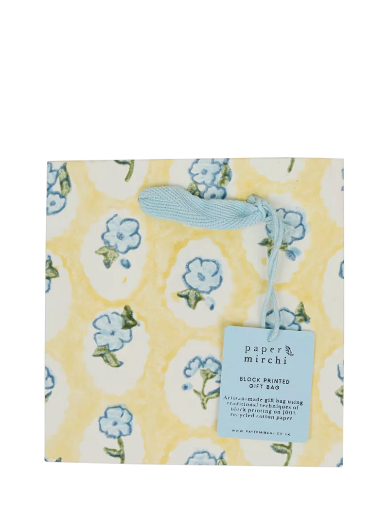 Paper Mirchi floral block print gift bag in multi yellow, imported from the UK
