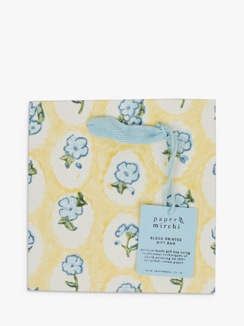 Paper Mirchi floral block print gift bag in multi yellow, imported from the UK