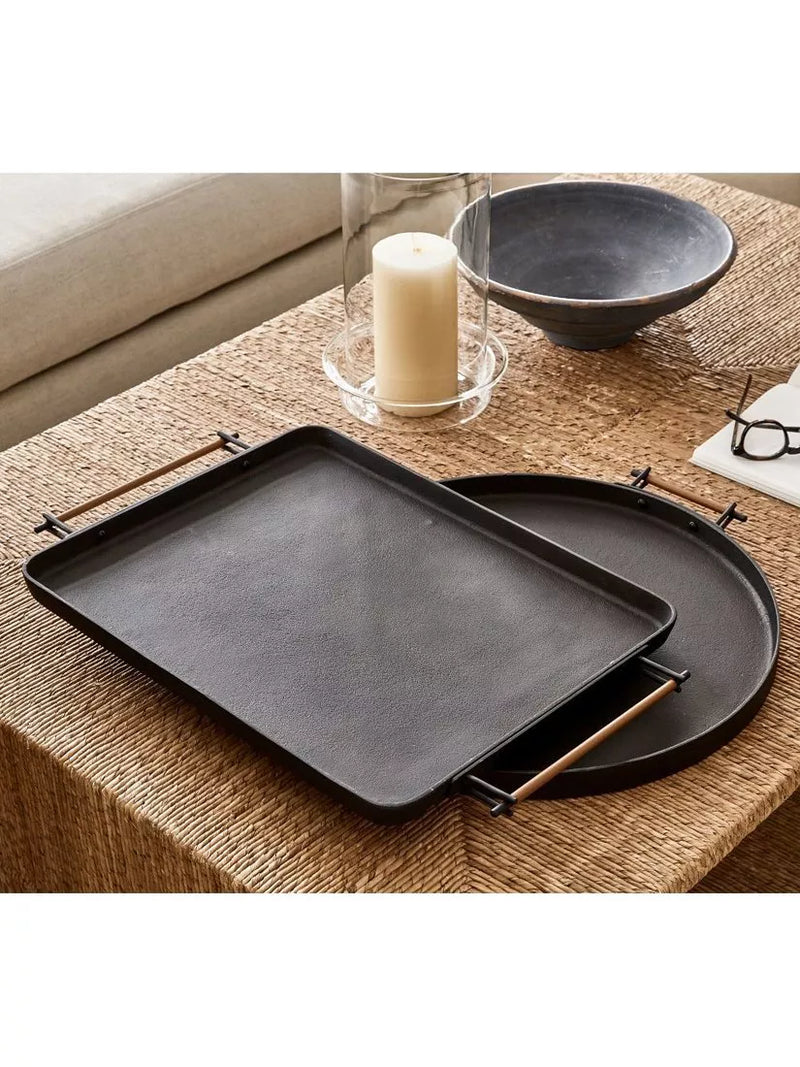 Pottery Barn Beltic aluminium tray with leather handles, imported from the UK