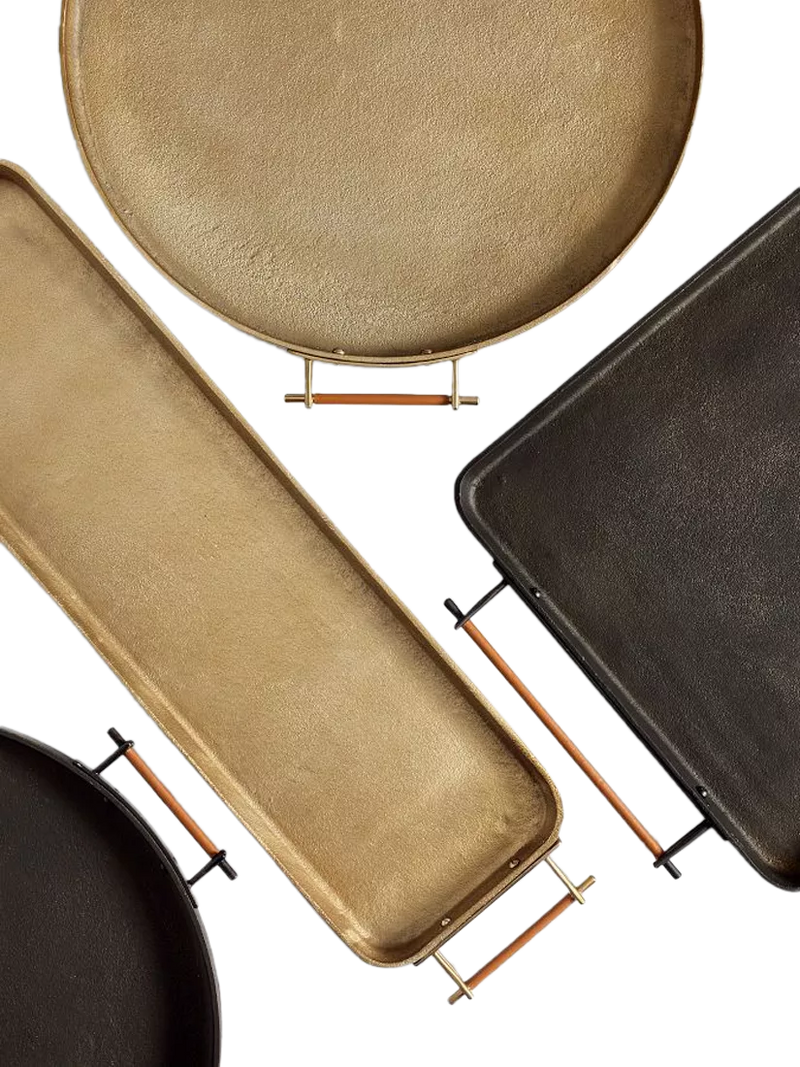 Pottery Barn Beltic aluminium tray with leather handles, imported from the UK