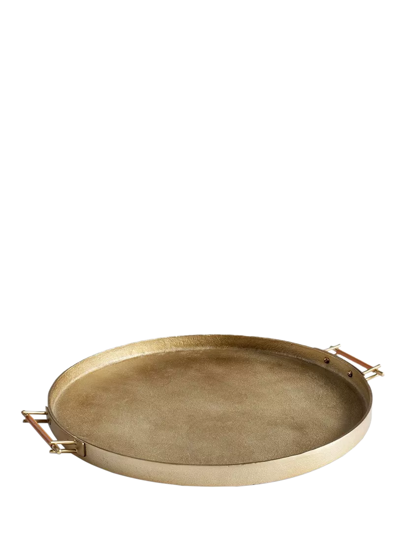 Pottery Barn Beltic round aluminium tray with leather handles, 51cm, UK version