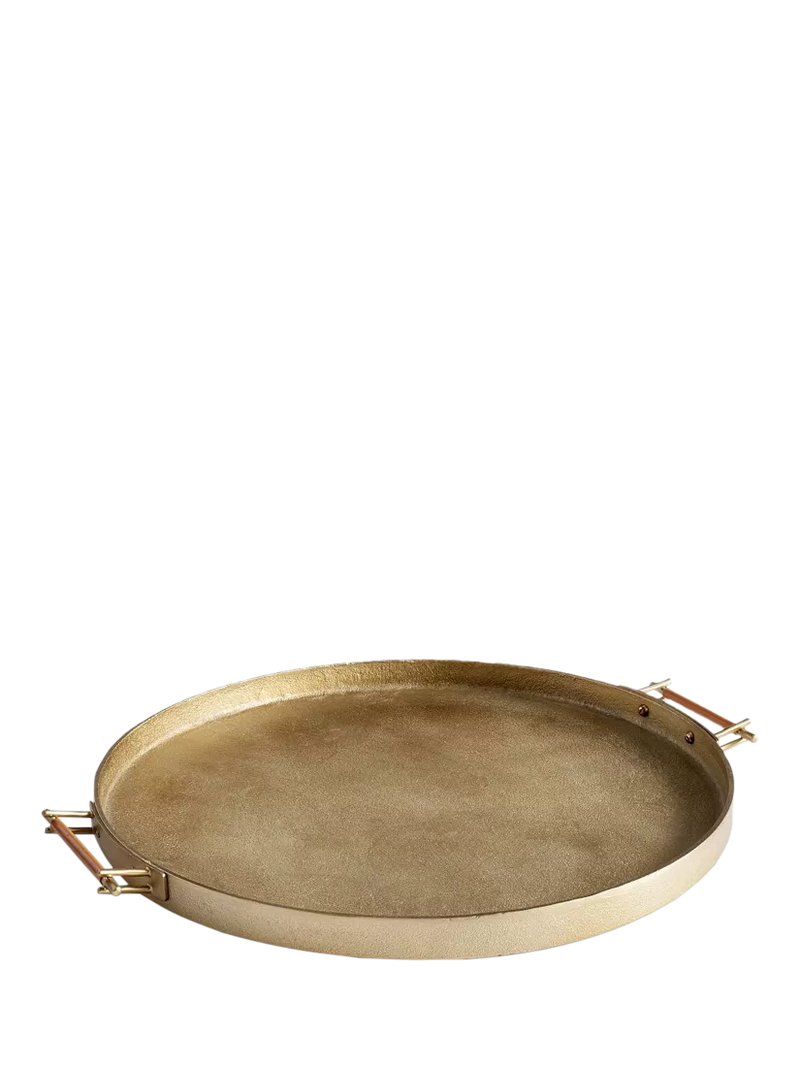 Pottery Barn Beltic round aluminium tray with leather handles, 51cm, UK version