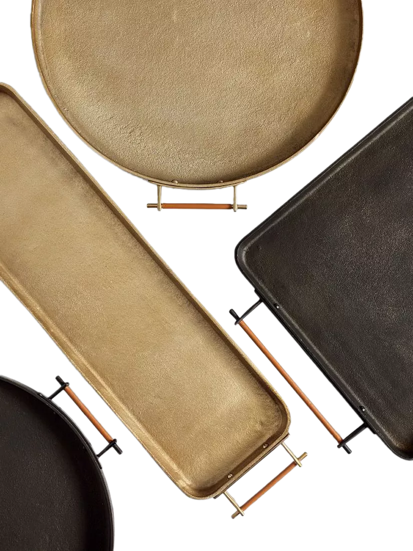 Pottery Barn Beltic round aluminium tray with leather handles, 51cm, UK version
