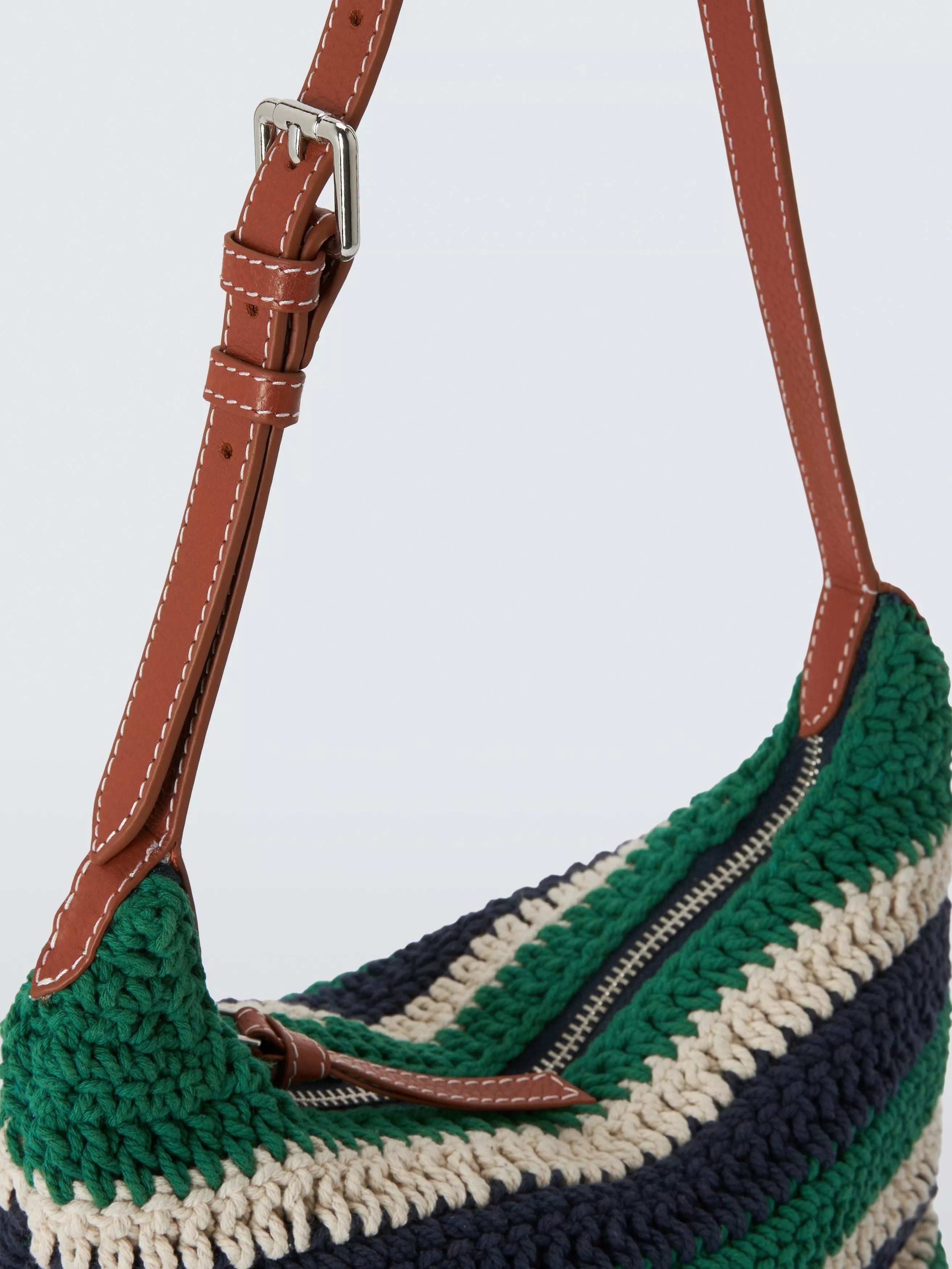 John Lewis knitted mini tote bag green navy striped (British brand)
