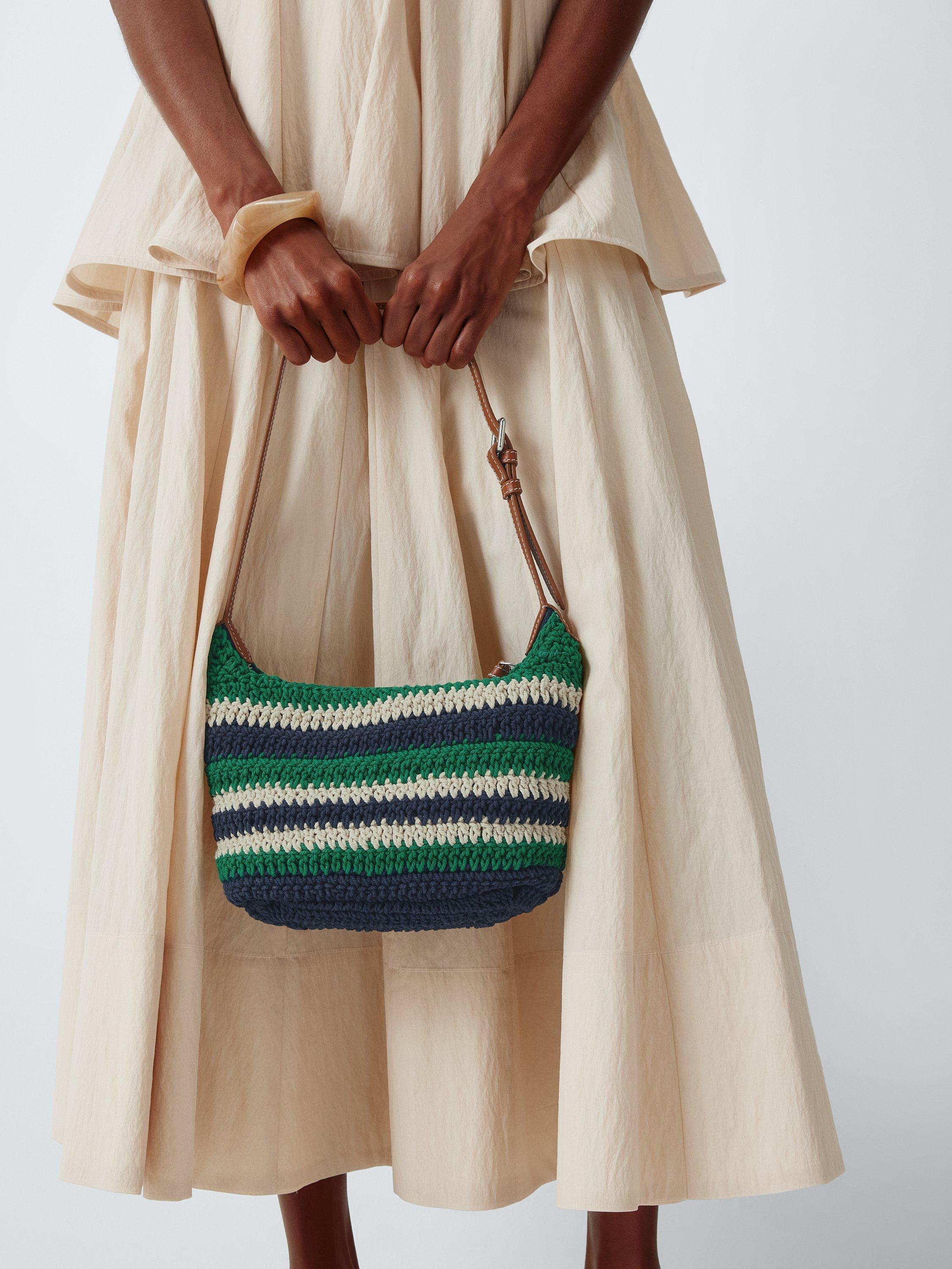 John Lewis knitted mini tote bag green navy striped (British brand)