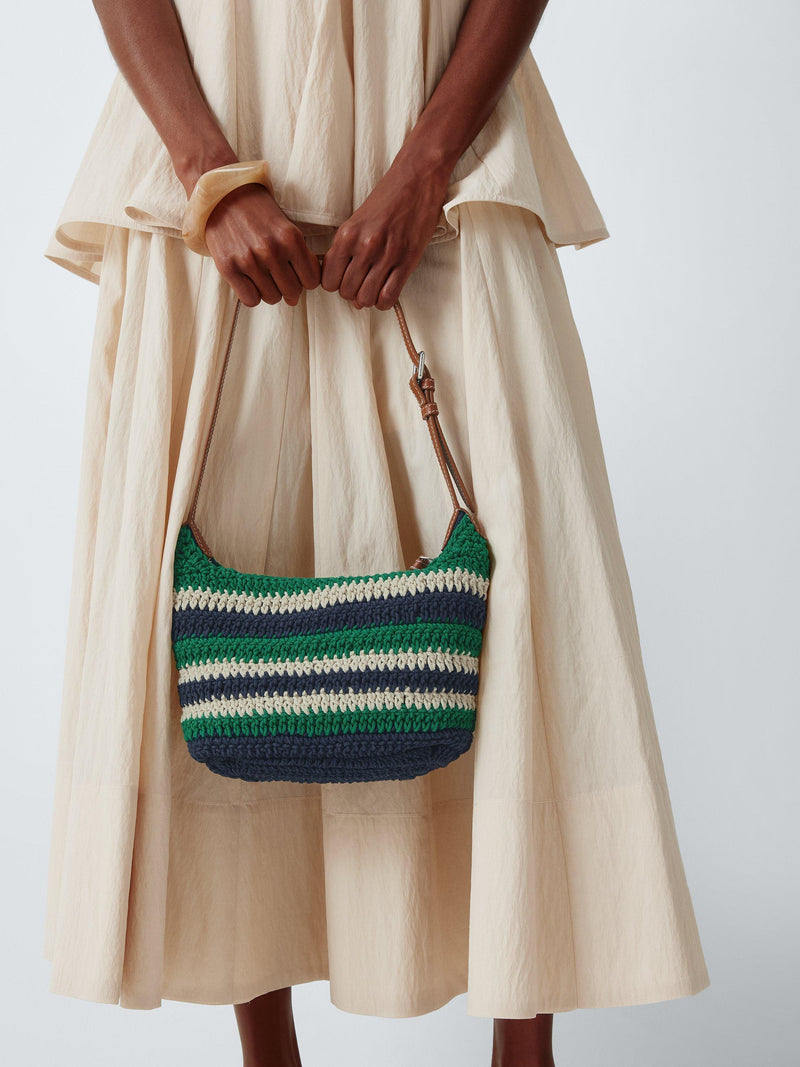 John Lewis knitted mini tote bag green navy striped (British brand)