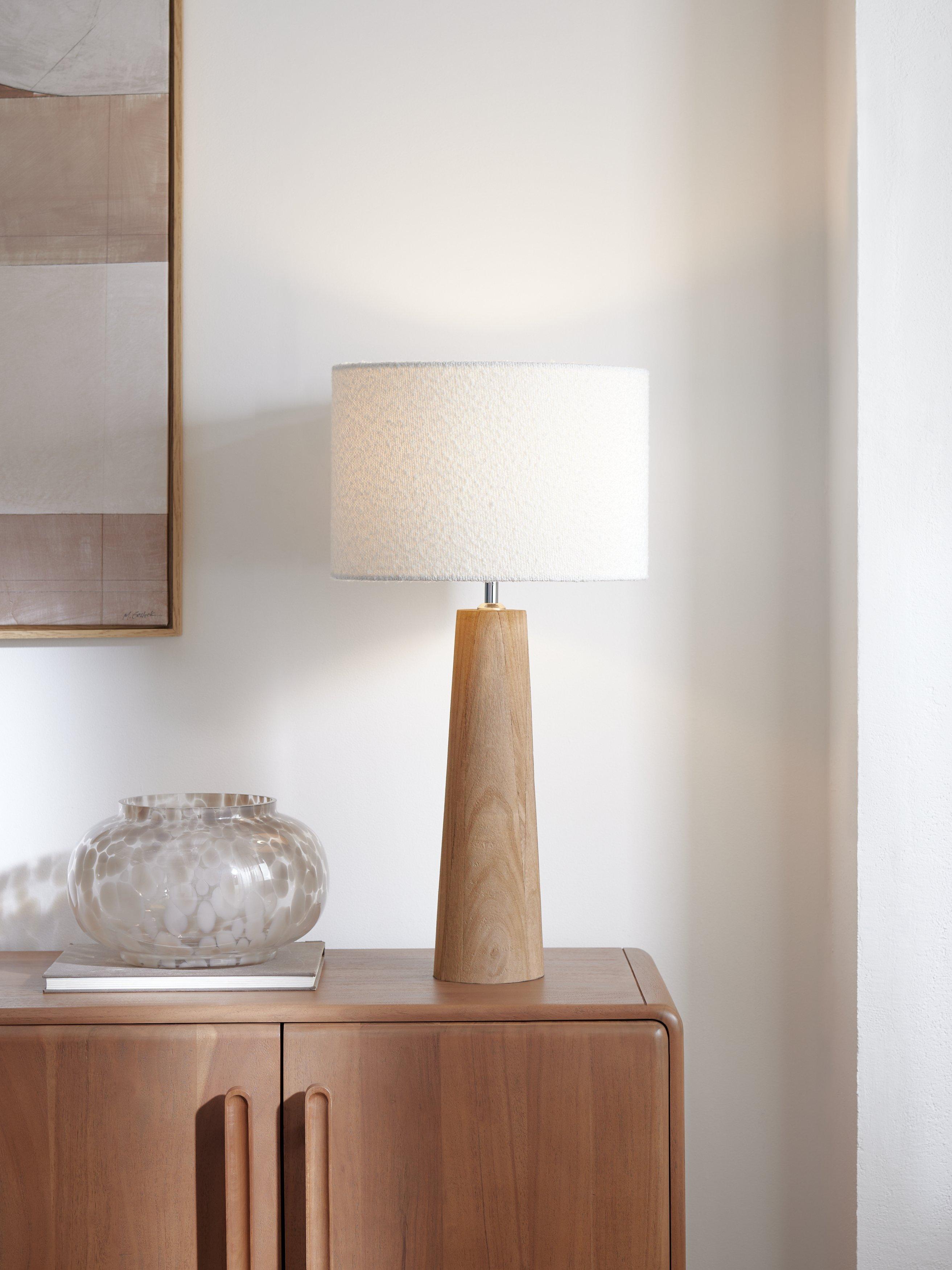 John Lewis Fayola table lamp mangowood boucle shade, imported from the UK