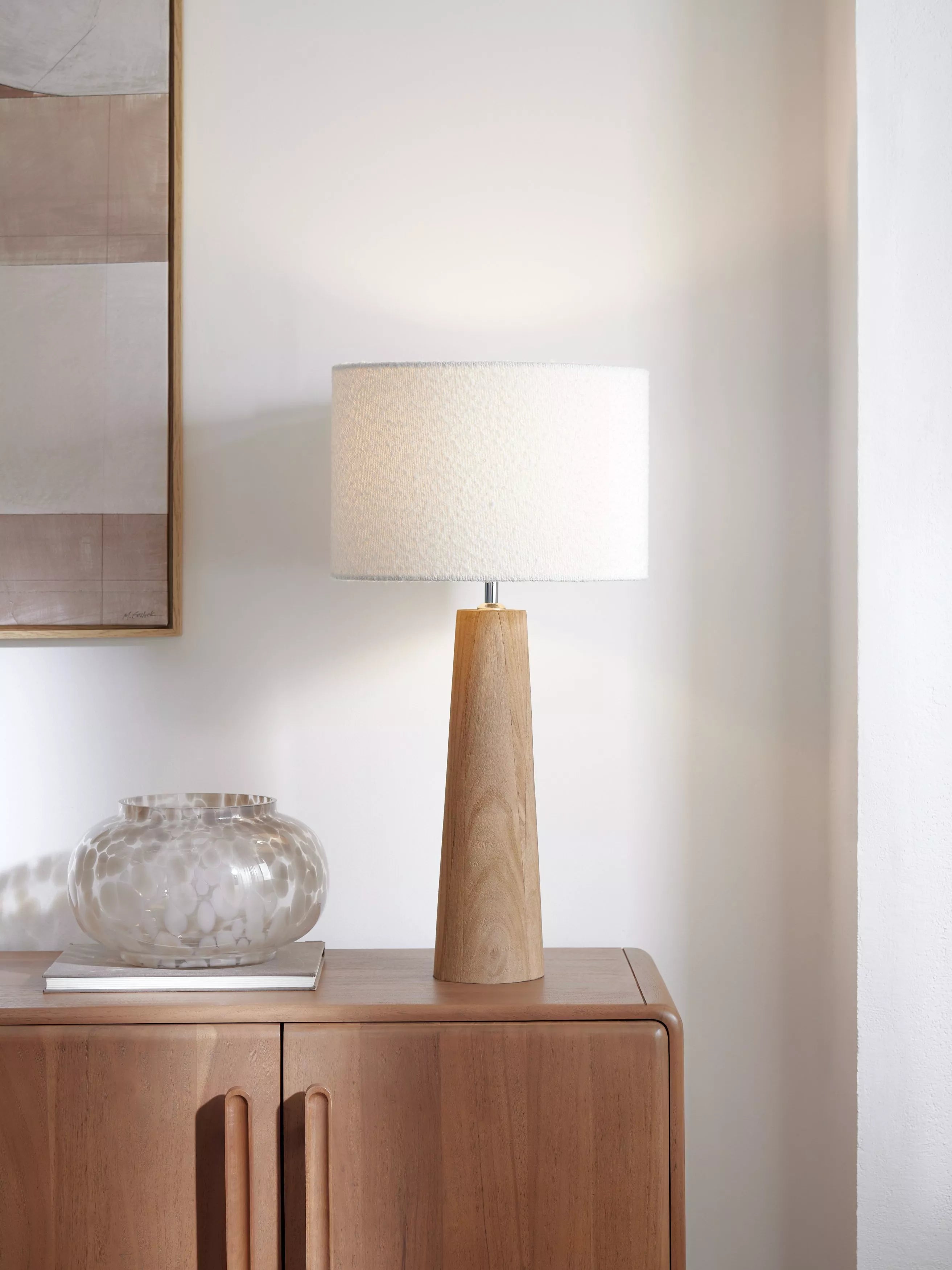 John Lewis Fayola table lamp mangowood boucle shade, imported from the UK